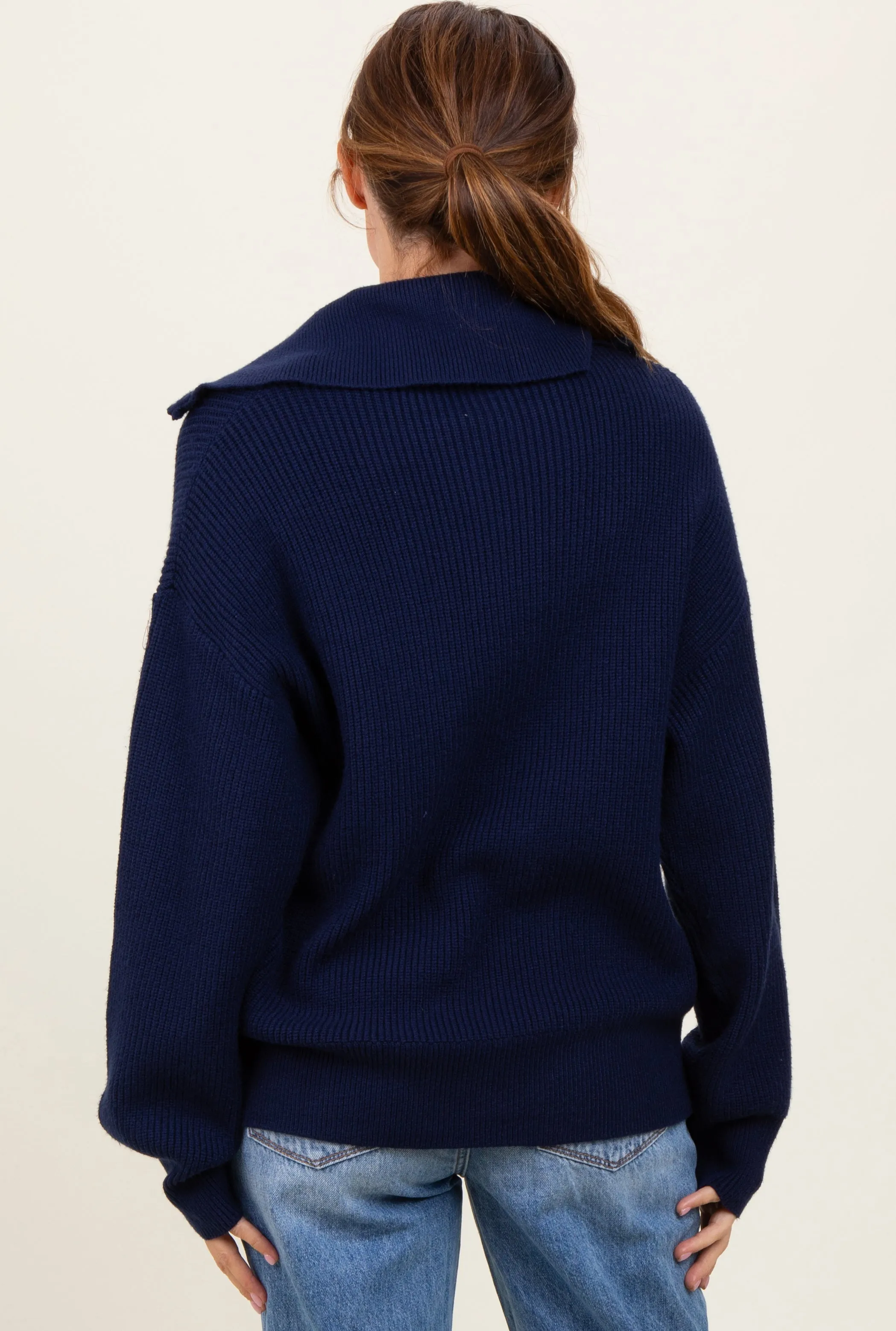 Navy Half Zip Chunky Knit Pullover Sweater sold by Pinkblush product image thumbnail 4