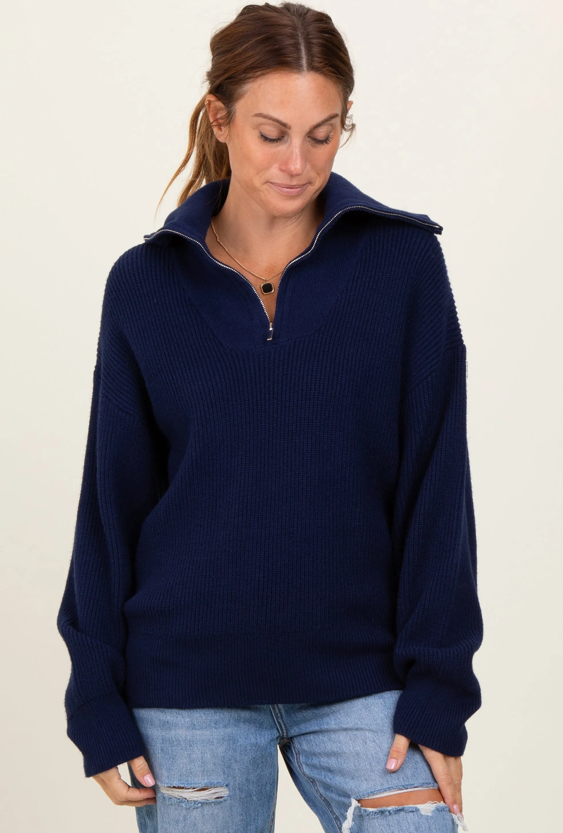 Navy Half Zip Chunky Knit Pullover Sweater sold by Pinkblush
