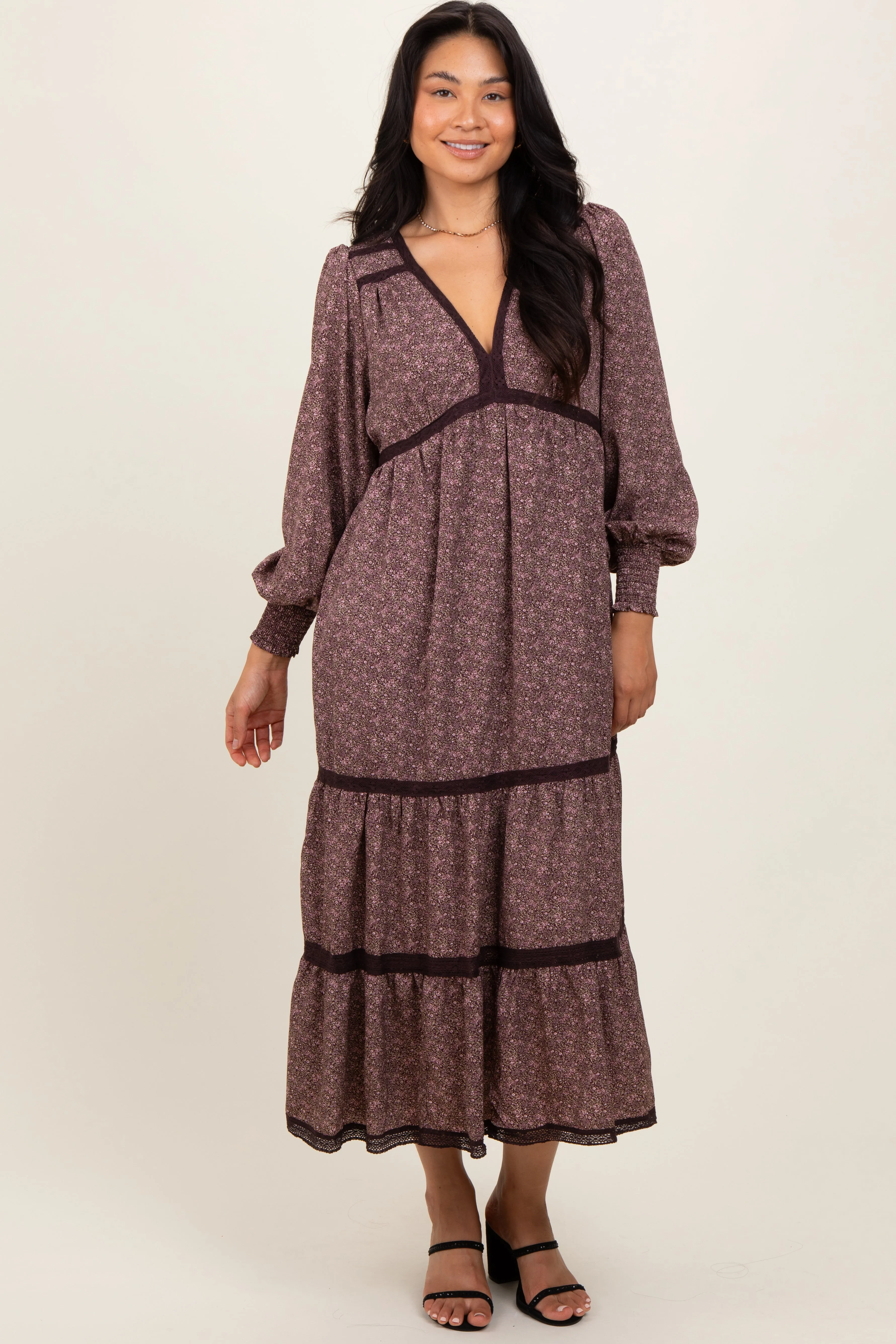 Brown Floral Lace Trim Bubble Sleeve Maxi Dress sold by Pinkblush