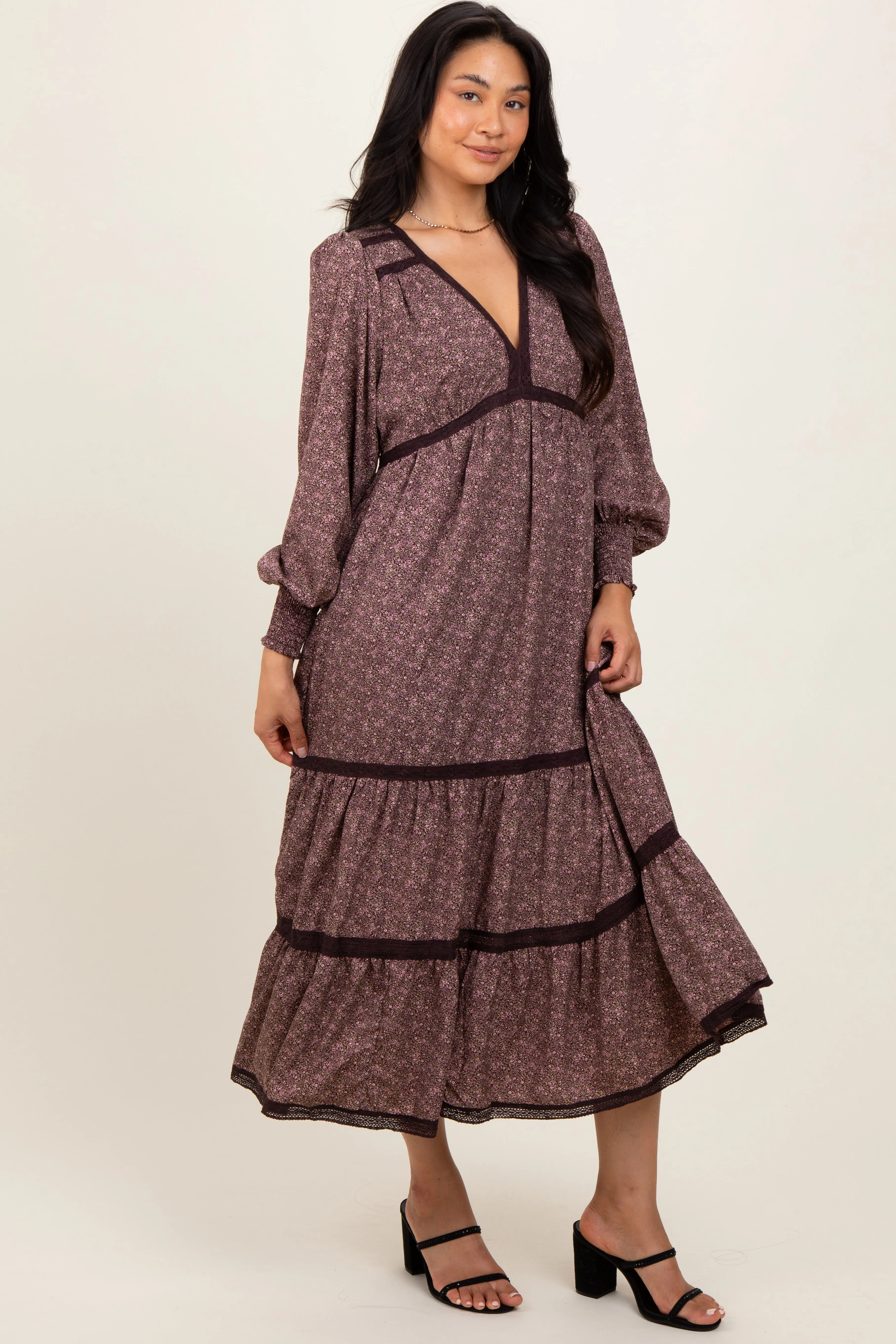 Brown Floral Lace Trim Bubble Sleeve Maxi Dress sold by Pinkblush product image thumbnail 2
