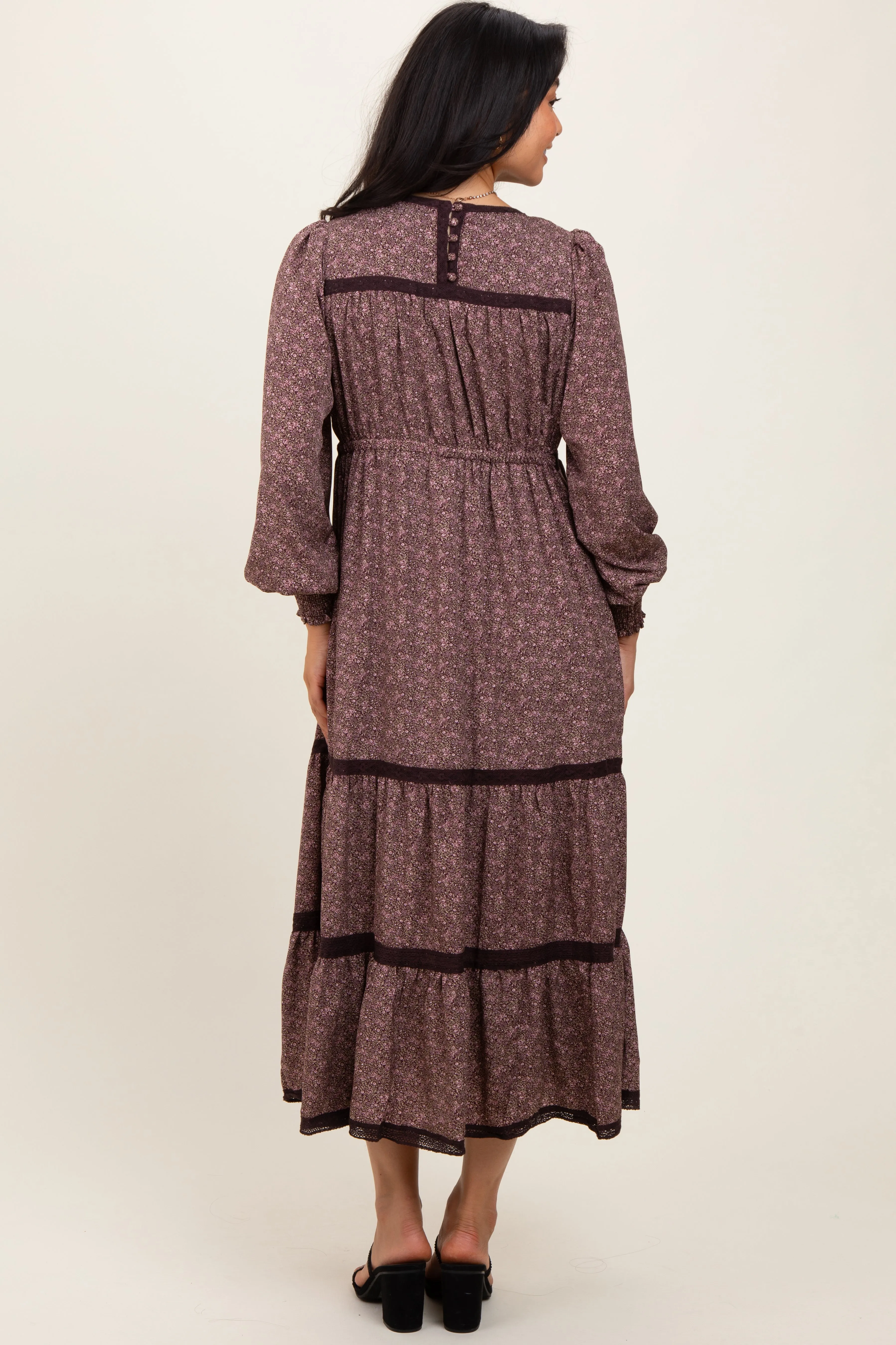 Brown Floral Lace Trim Bubble Sleeve Maxi Dress sold by Pinkblush product image thumbnail 3