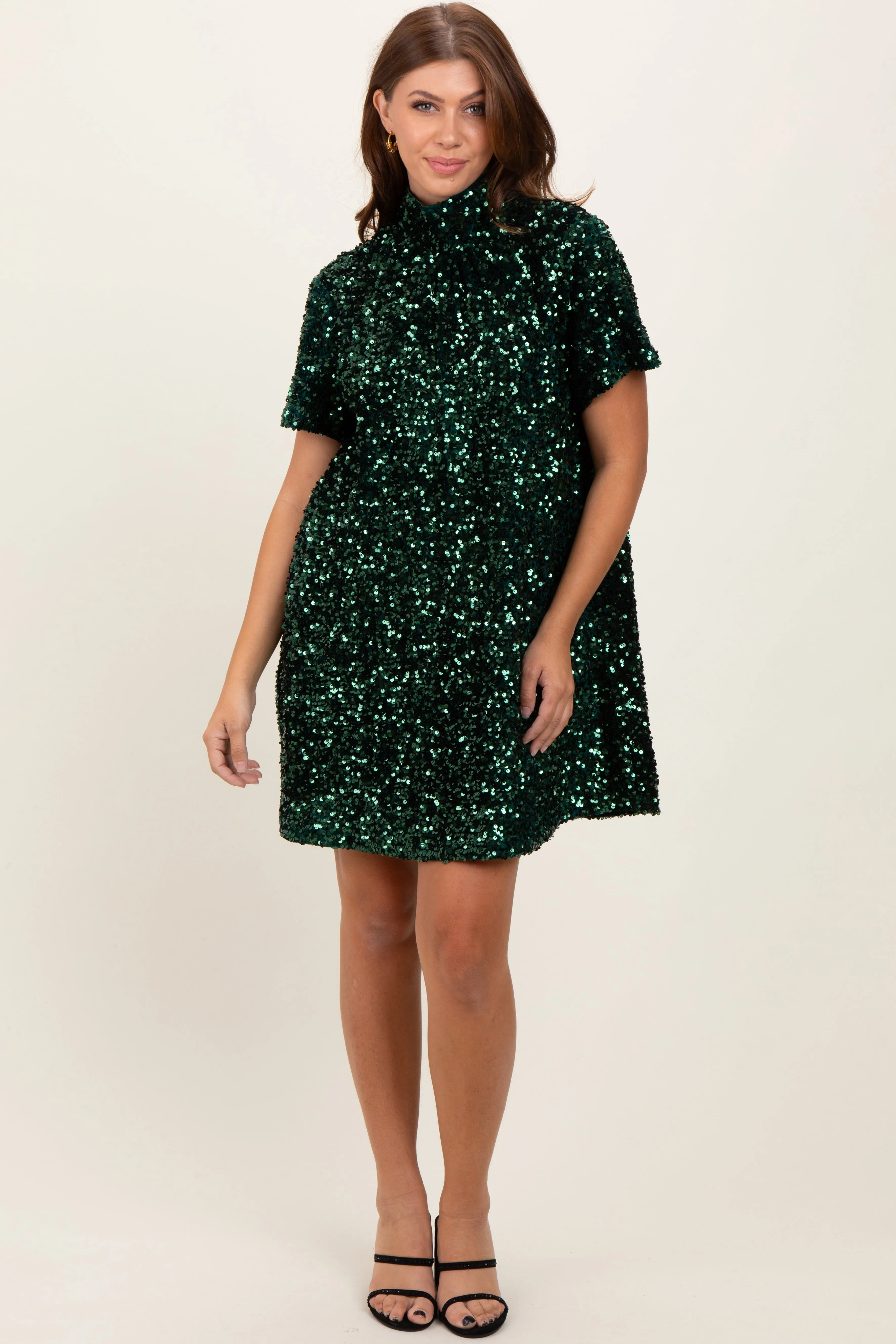 Forest Green Sequin Mock Neck Tie Back Dress sold by Pinkblush