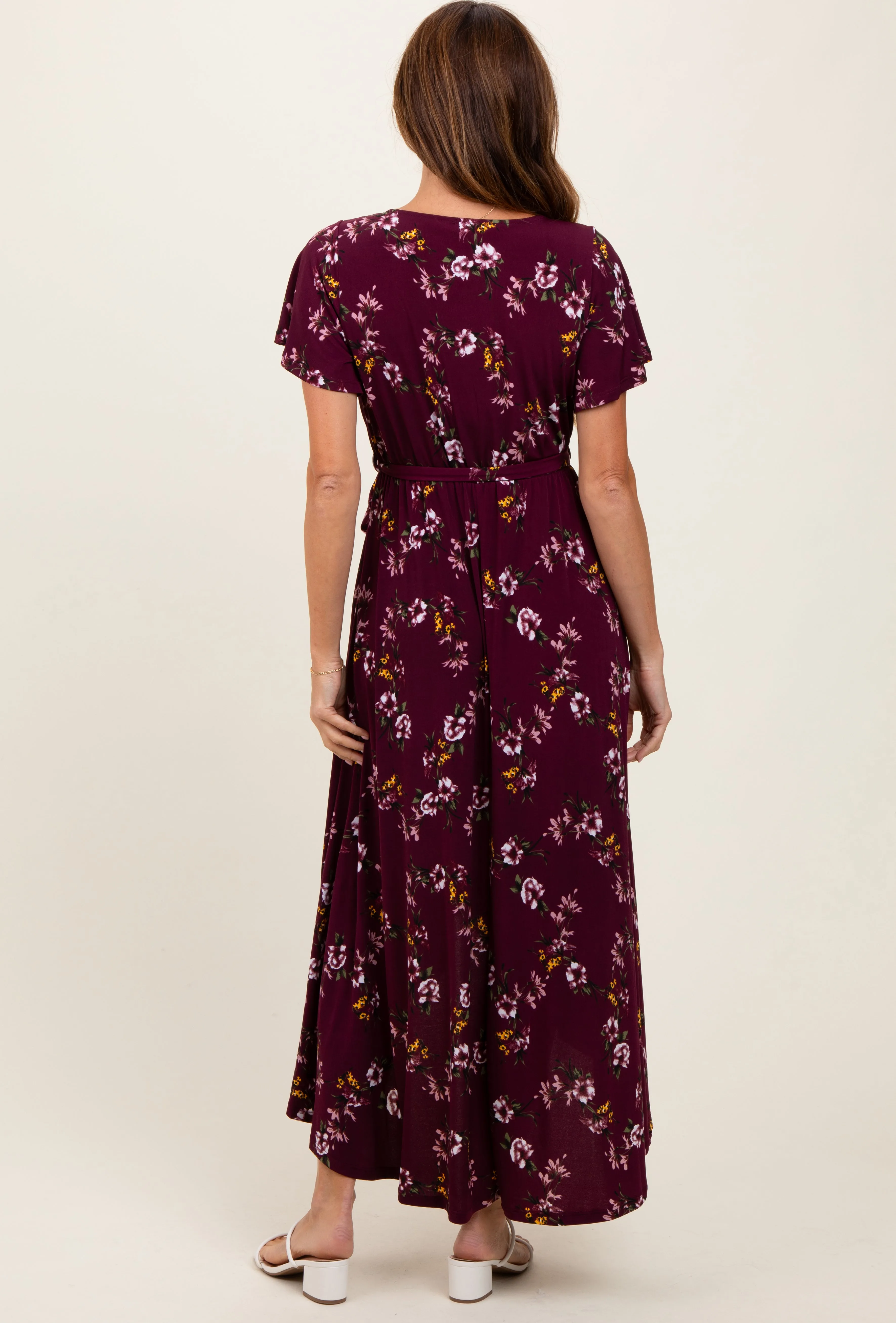 Burgundy Floral Short Sleeve Wrap Hi-Low Maxi Dress sold by Pinkblush product image thumbnail 4