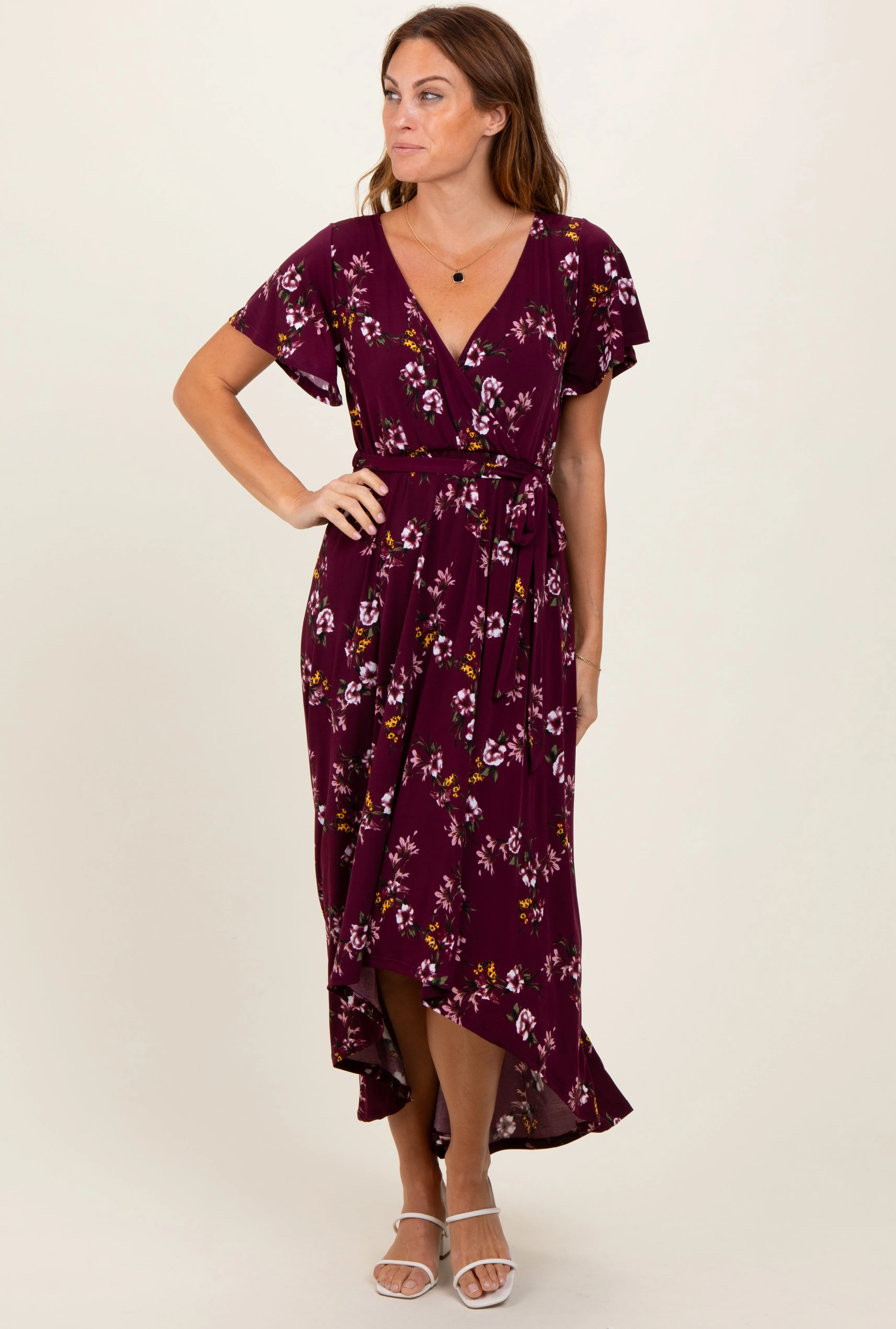 Burgundy Floral Short Sleeve Wrap Hi-Low Maxi Dress sold by Pinkblush