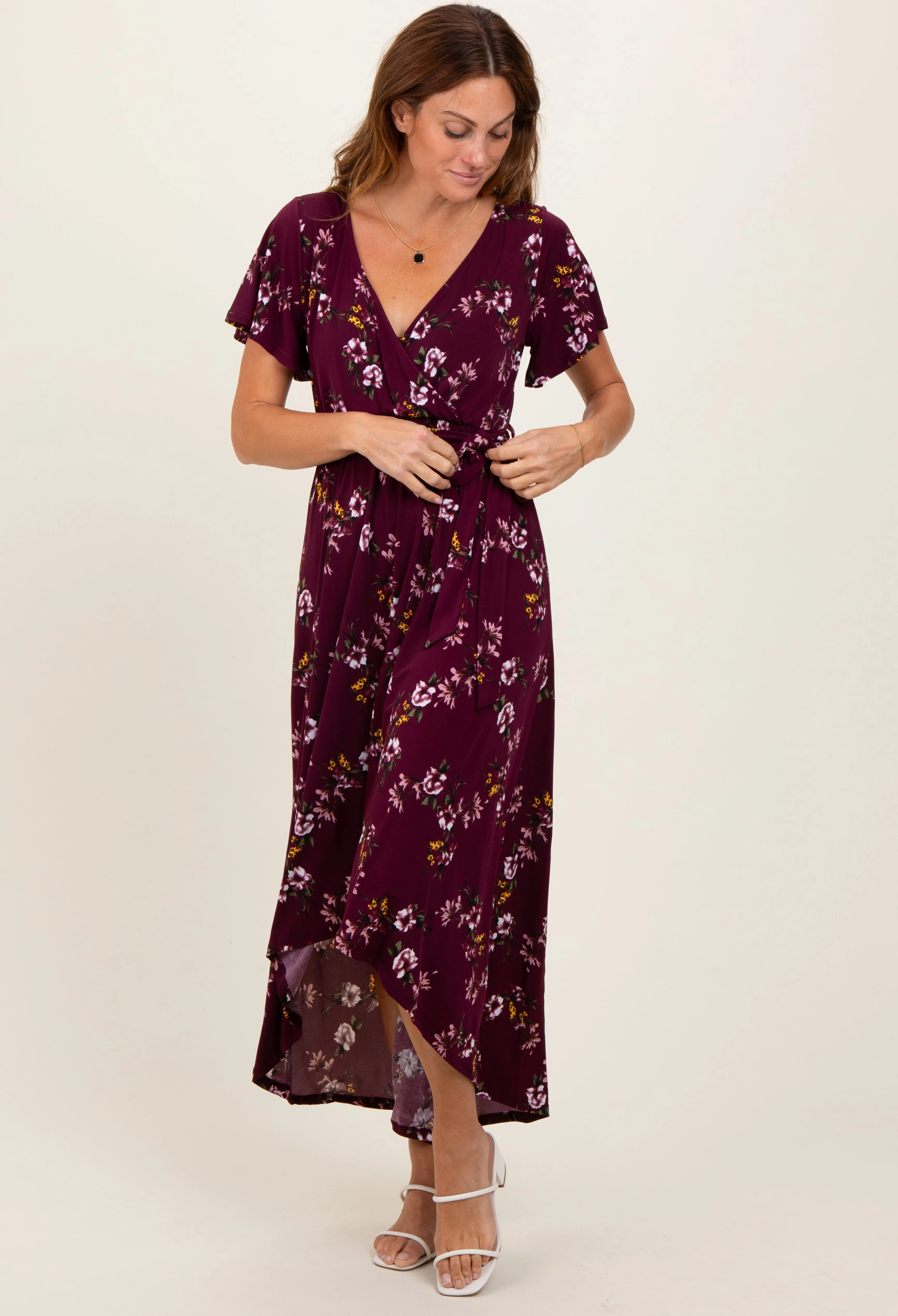 Burgundy Floral Short Sleeve Wrap Hi-Low Maxi Dress sold by Pinkblush product image thumbnail 2