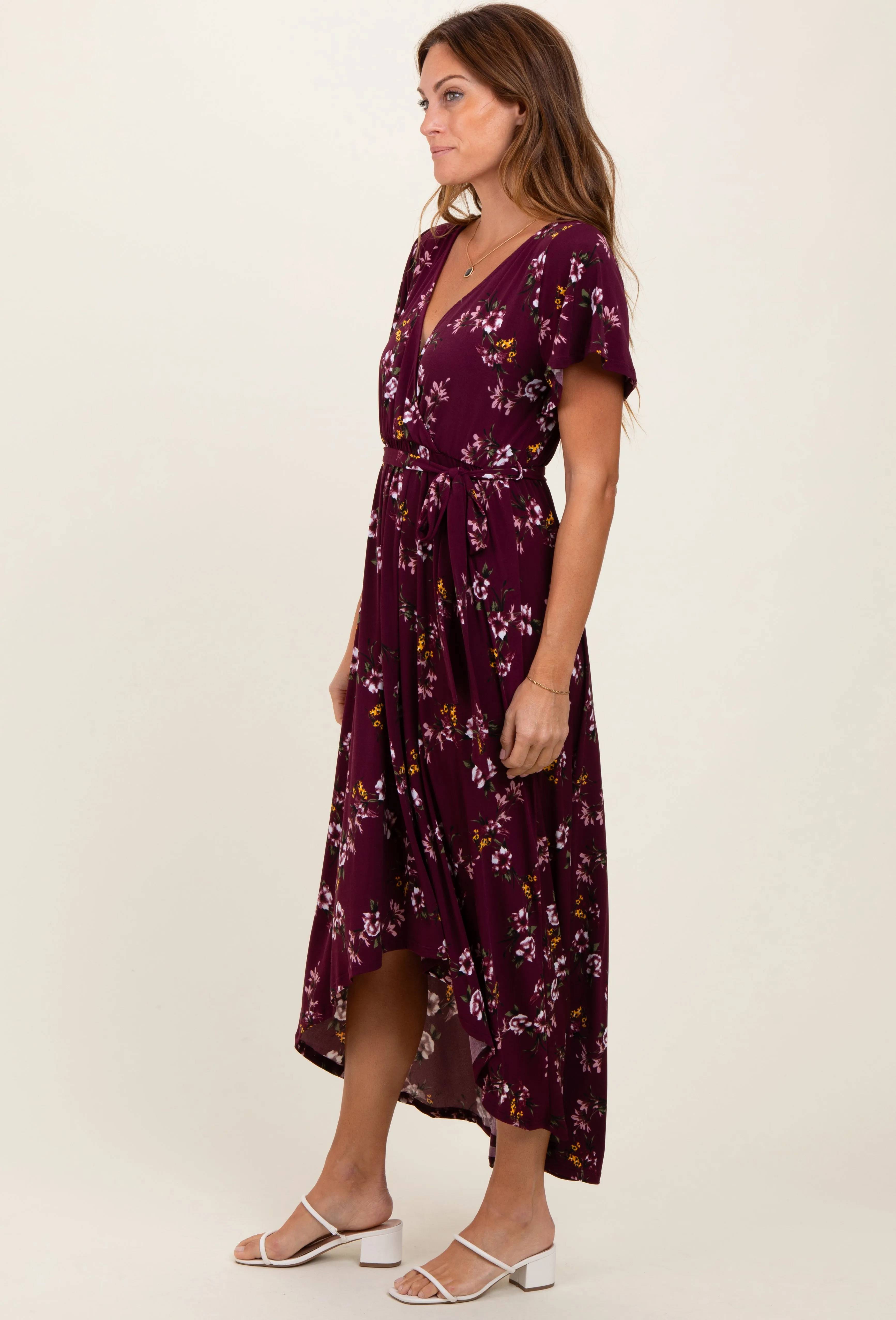 Burgundy Floral Short Sleeve Wrap Hi-Low Maxi Dress sold by Pinkblush product image thumbnail 3
