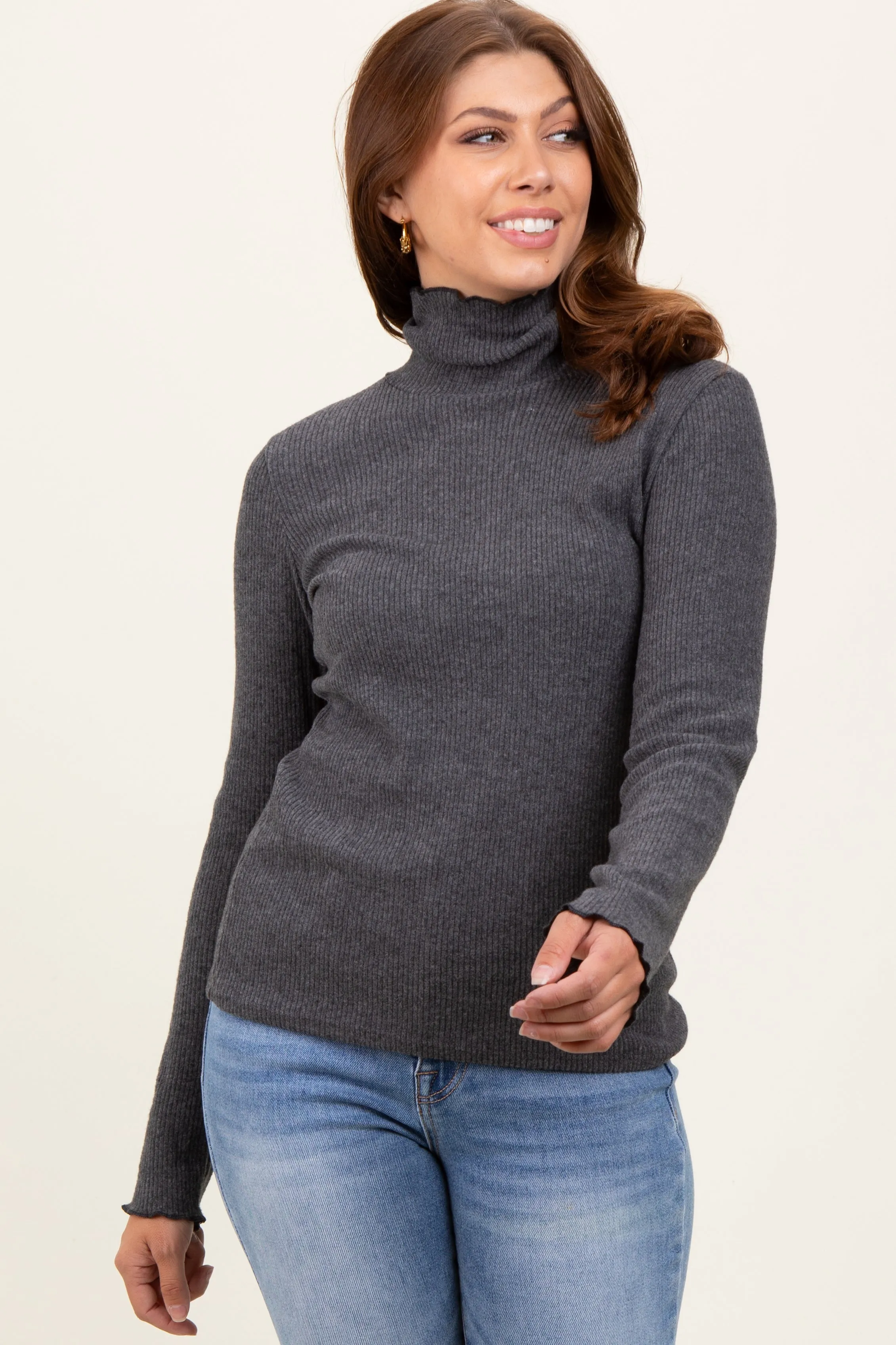 Charcoal Ribbed Knit Ruffle Edge Turtleneck Top sold by Pinkblush product image thumbnail 3
