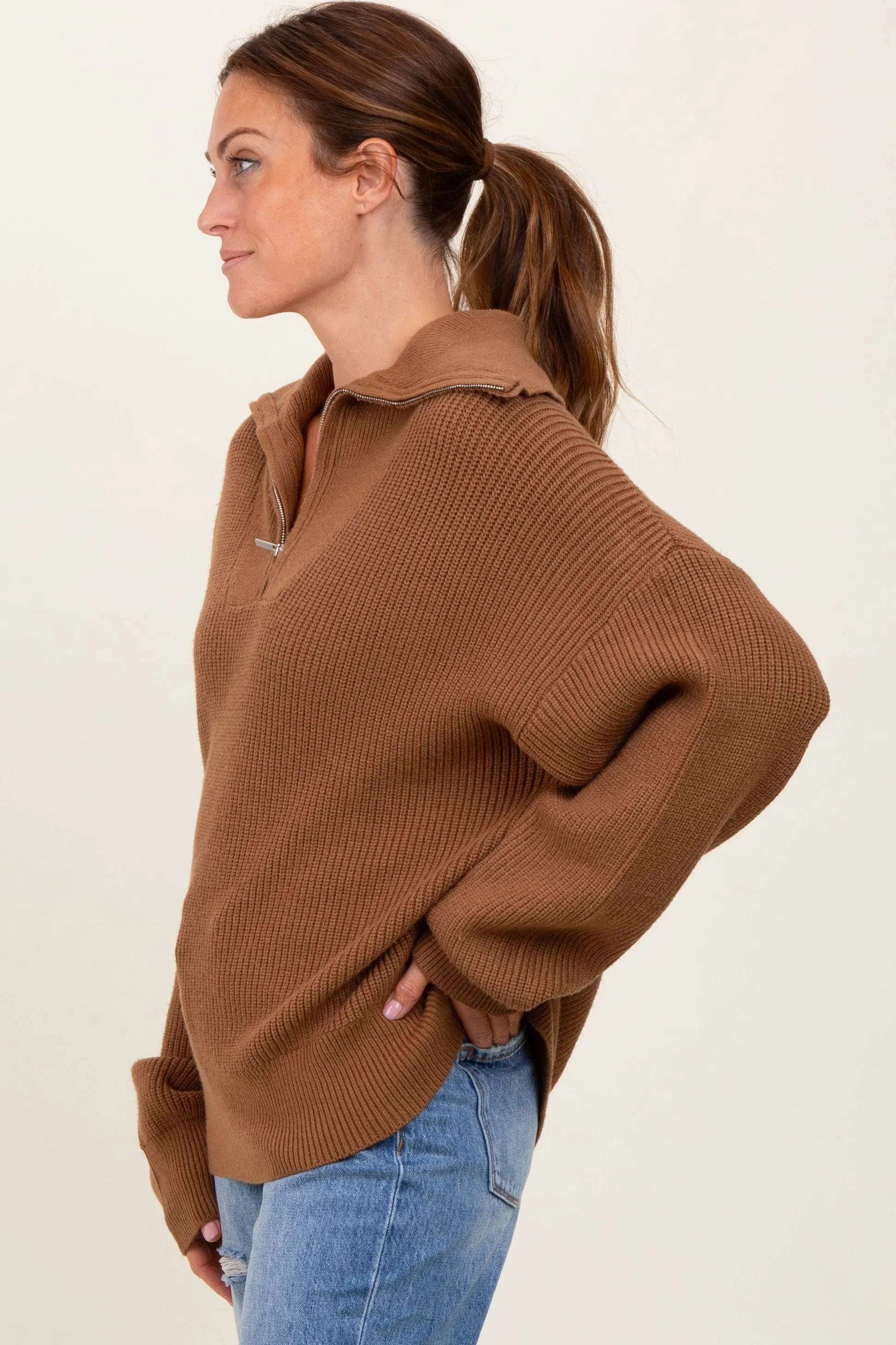 Camel Half Zip Chunky Knit Pullover Sweater sold by Pinkblush product image thumbnail 3