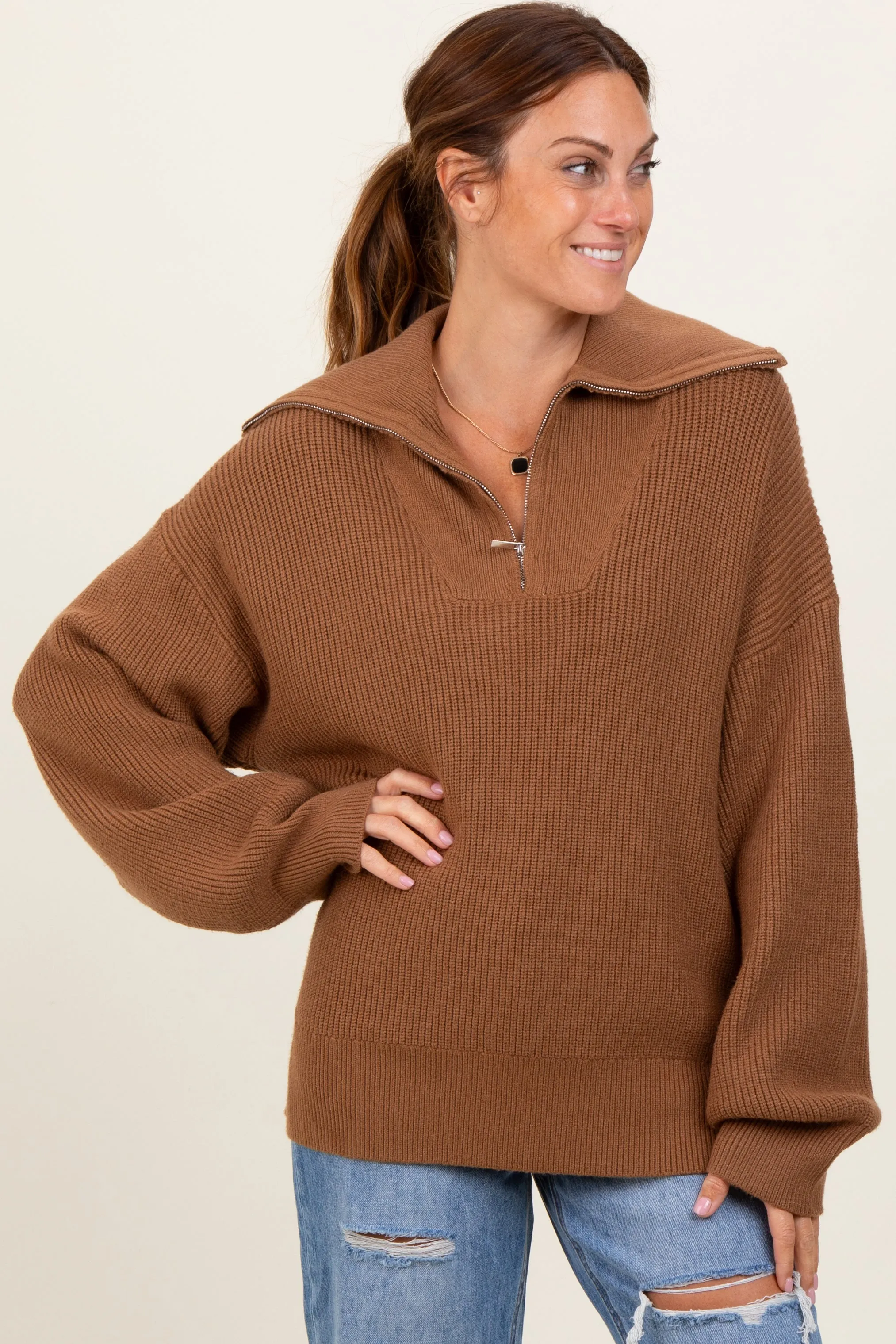 Camel Half Zip Chunky Knit Pullover Sweater sold by Pinkblush
