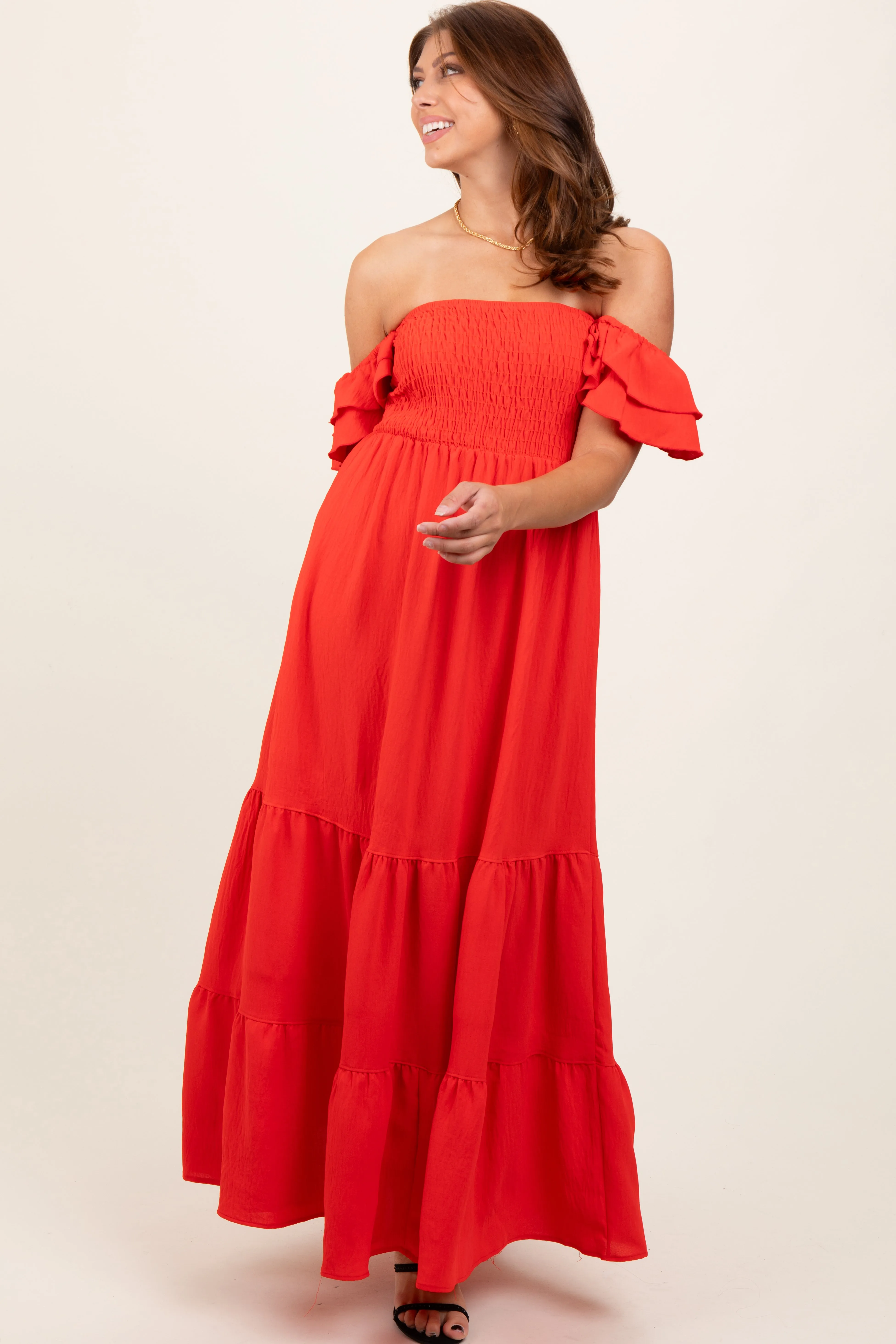 Red Smocked Ruffle Off Shoulder Tiered Maxi Dress sold by Pinkblush product image thumbnail 2