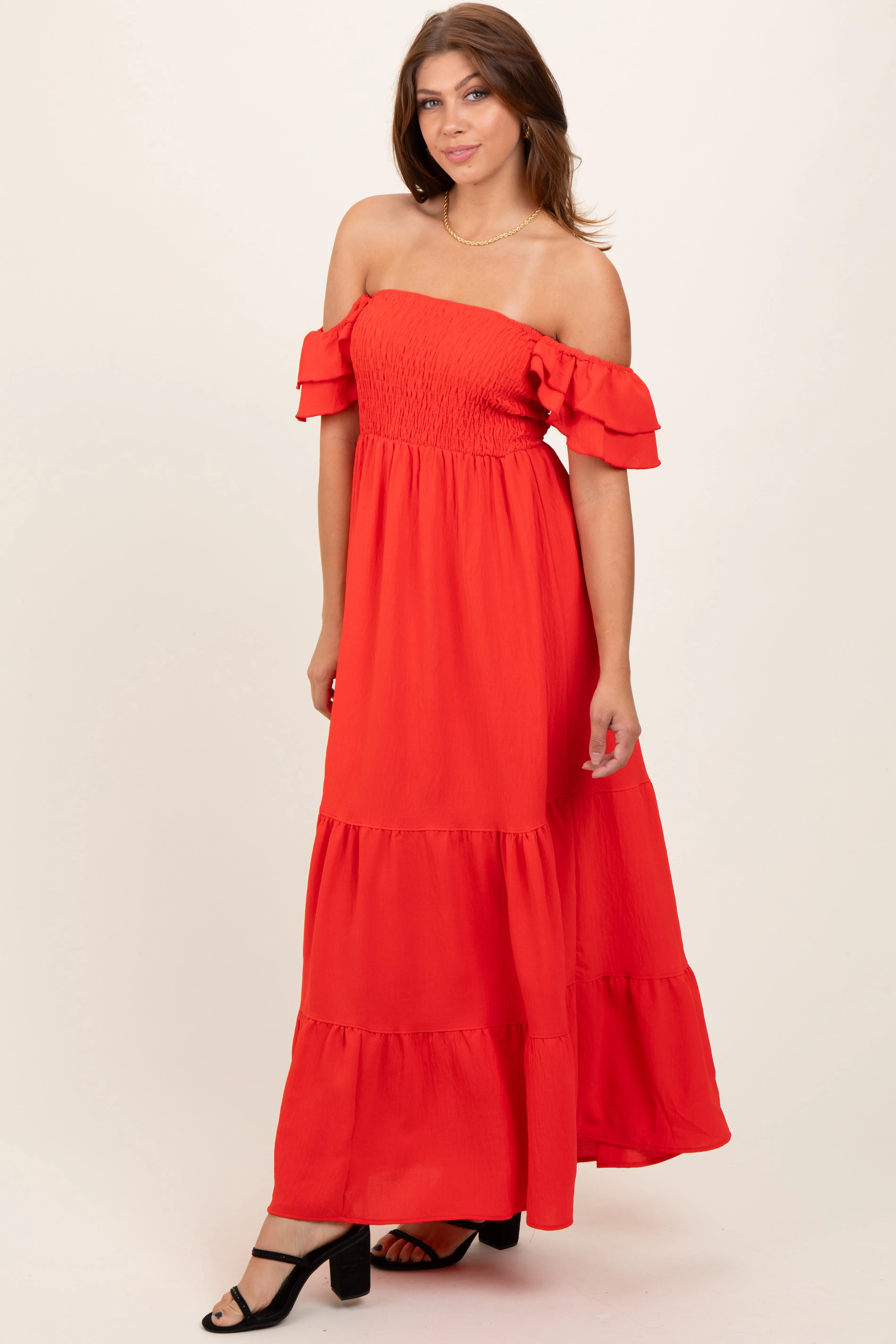 Red Smocked Ruffle Off Shoulder Tiered Maxi Dress sold by Pinkblush product image thumbnail 3