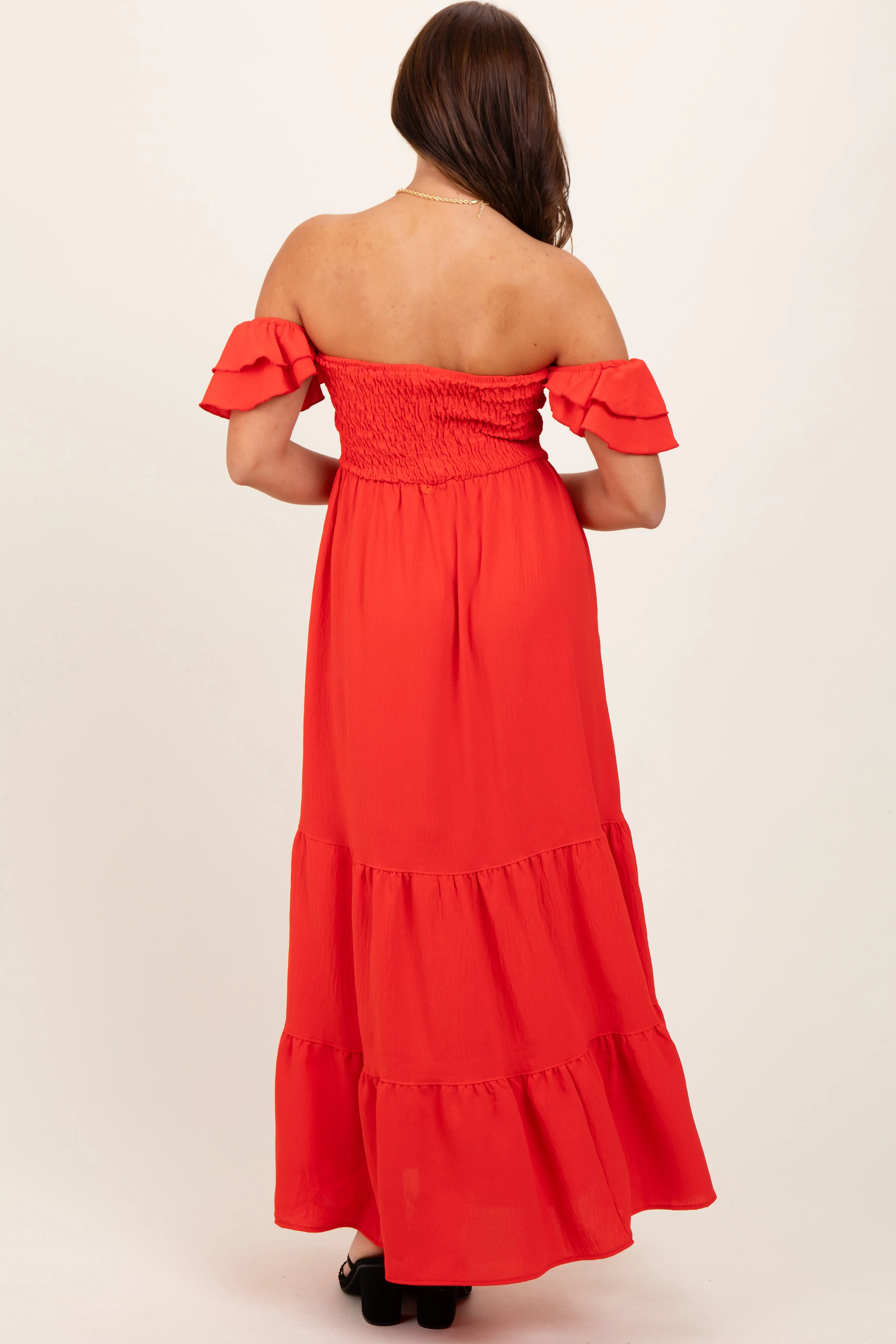Red Smocked Ruffle Off Shoulder Tiered Maxi Dress sold by Pinkblush product image thumbnail 4