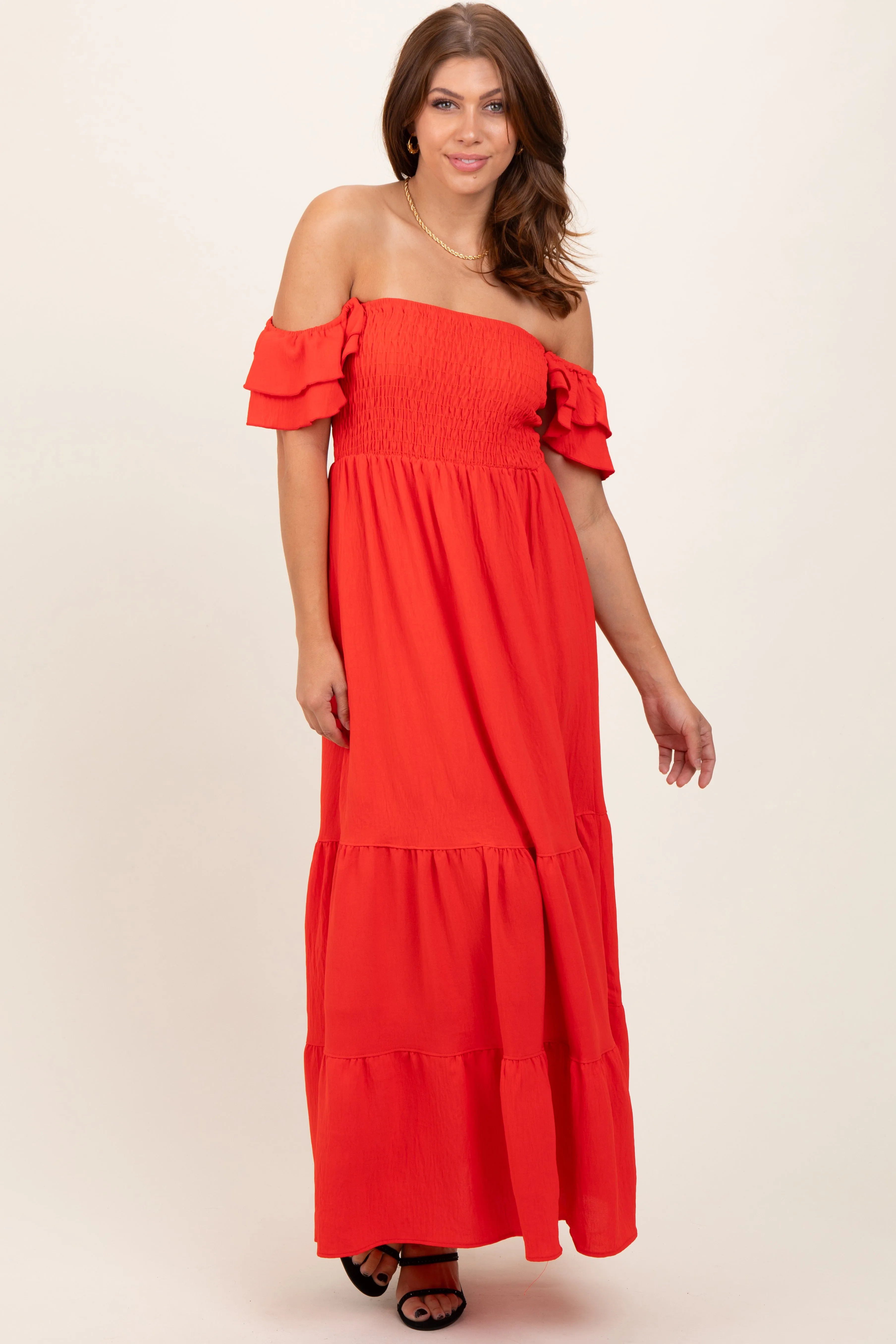 Red Smocked Ruffle Off Shoulder Tiered Maxi Dress sold by Pinkblush