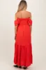 Red Smocked Ruffle Off Shoulder Tiered Maternity Maxi Dress sold by Pinkblush