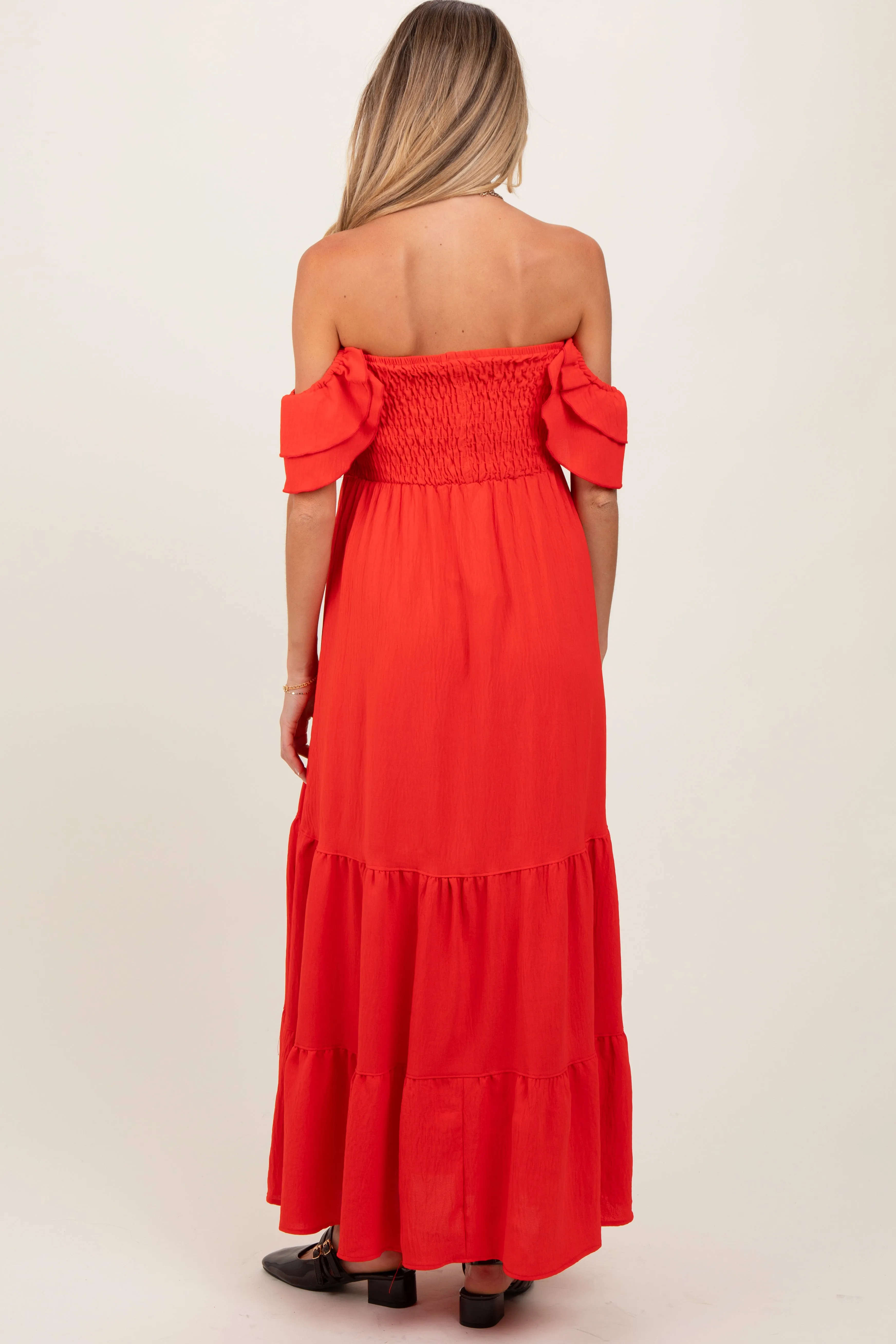 Red Smocked Ruffle Off Shoulder Tiered Maternity Maxi Dress sold by Pinkblush product image thumbnail 4