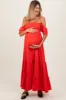 Red Smocked Ruffle Off Shoulder Tiered Maternity Maxi Dress sold by Pinkblush