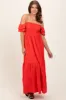 Red Smocked Ruffle Off Shoulder Tiered Maternity Maxi Dress sold by Pinkblush