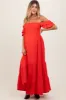 Red Smocked Ruffle Off Shoulder Tiered Maternity Maxi Dress sold by Pinkblush