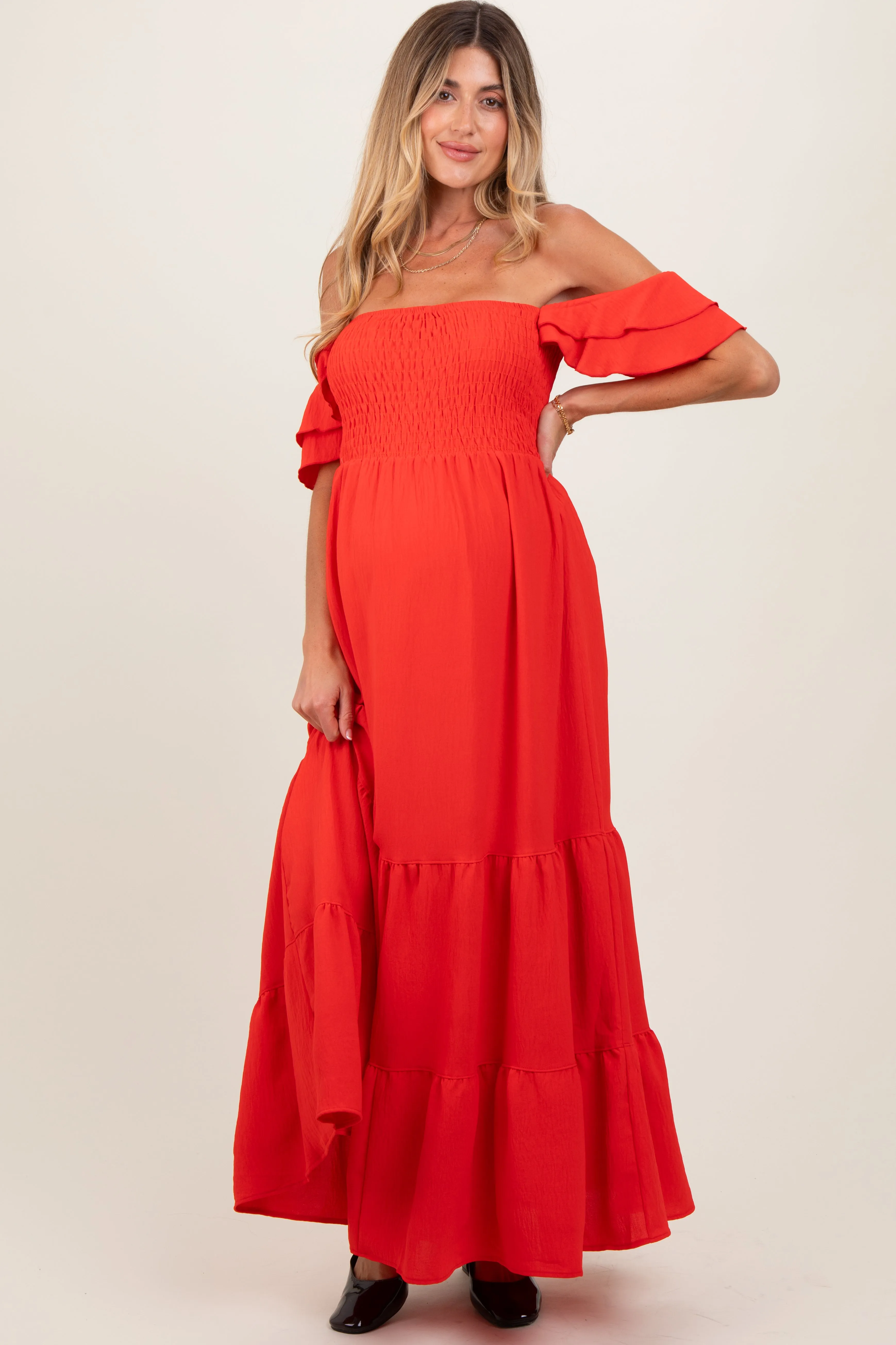 Red Smocked Ruffle Off Shoulder Tiered Maternity Maxi Dress sold by Pinkblush product image thumbnail 2