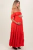 Red Smocked Ruffle Off Shoulder Tiered Maternity Maxi Dress sold by Pinkblush