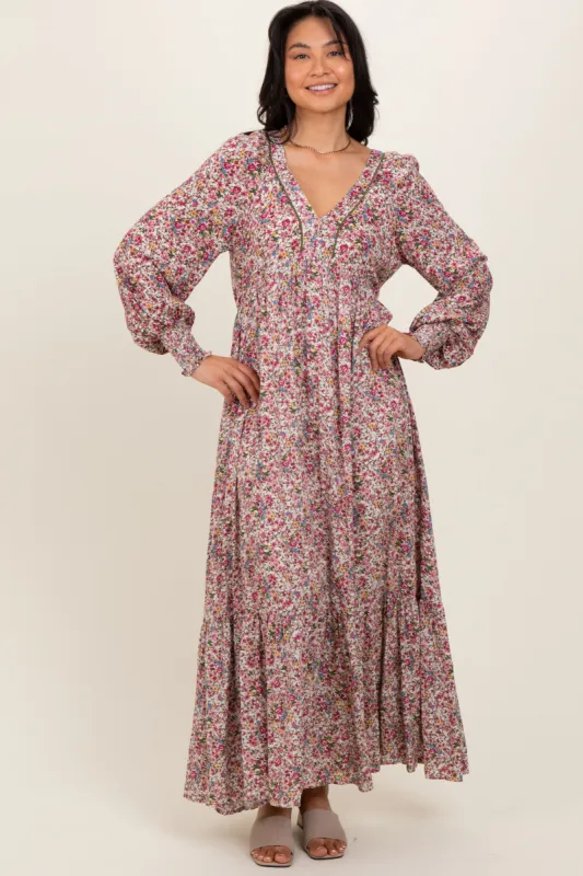 Cream Floral V-Neck Bubble Sleeve Maxi Dress sold by Pinkblush
