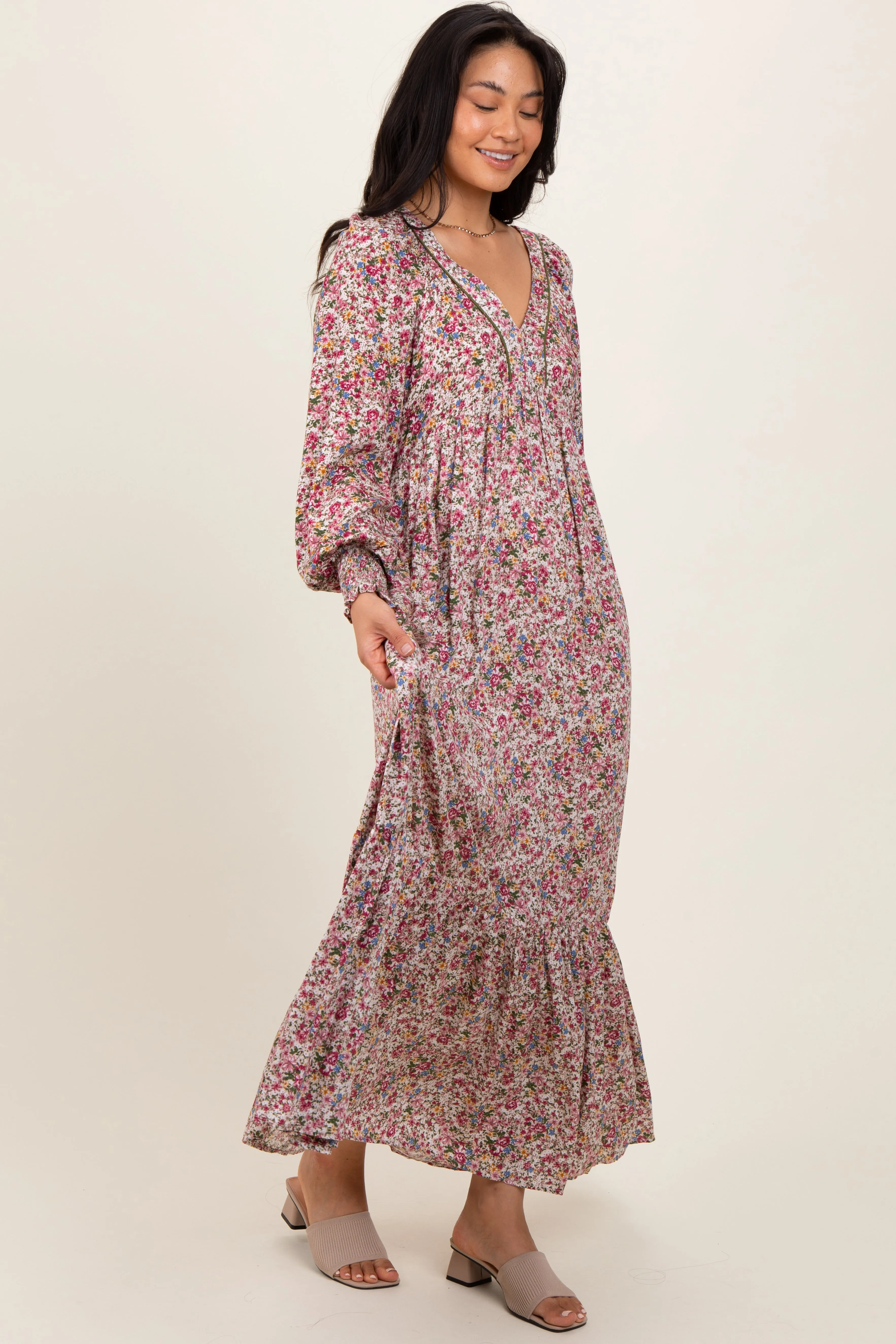 Cream Floral V-Neck Bubble Sleeve Maxi Dress sold by Pinkblush product image thumbnail 2