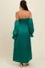 Emerald Green Off Shoulder Satin Pleated Bodice Maxi Dress sold by Pinkblush