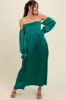 Emerald Green Off Shoulder Satin Pleated Bodice Maxi Dress sold by Pinkblush