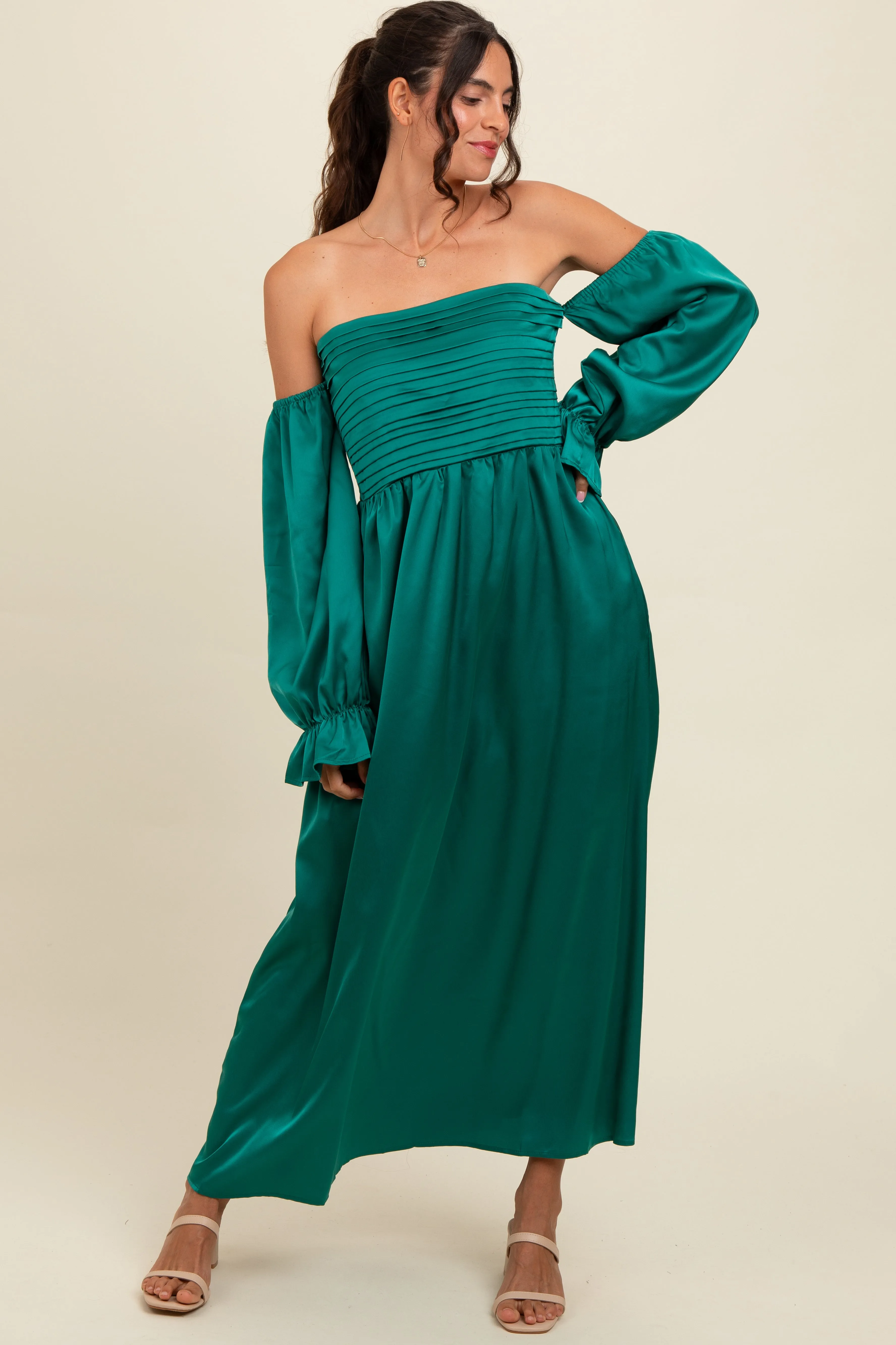 Emerald Green Off Shoulder Satin Pleated Bodice Maxi Dress sold by Pinkblush