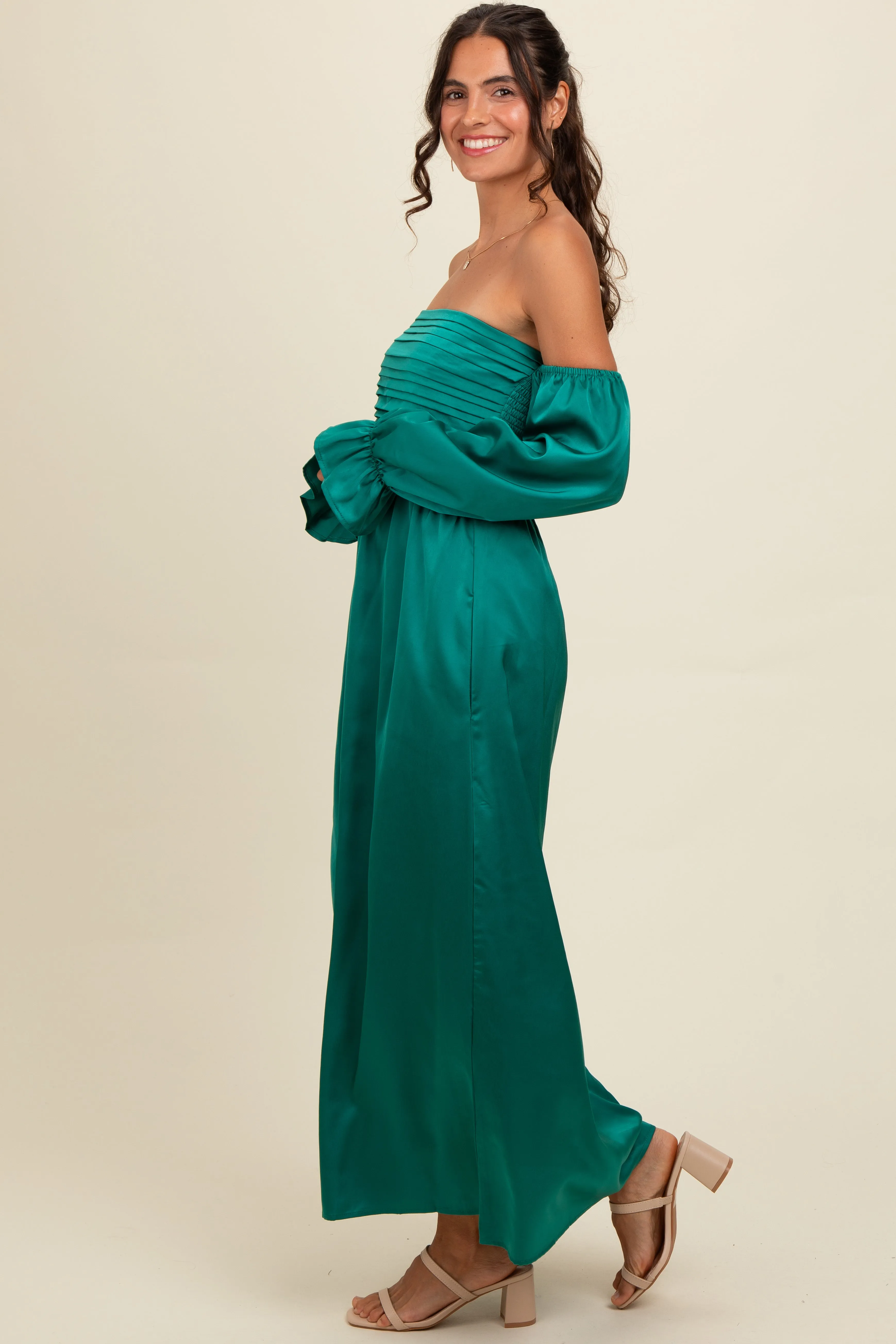 Emerald Green Off Shoulder Satin Pleated Bodice Maxi Dress sold by Pinkblush product image thumbnail 2