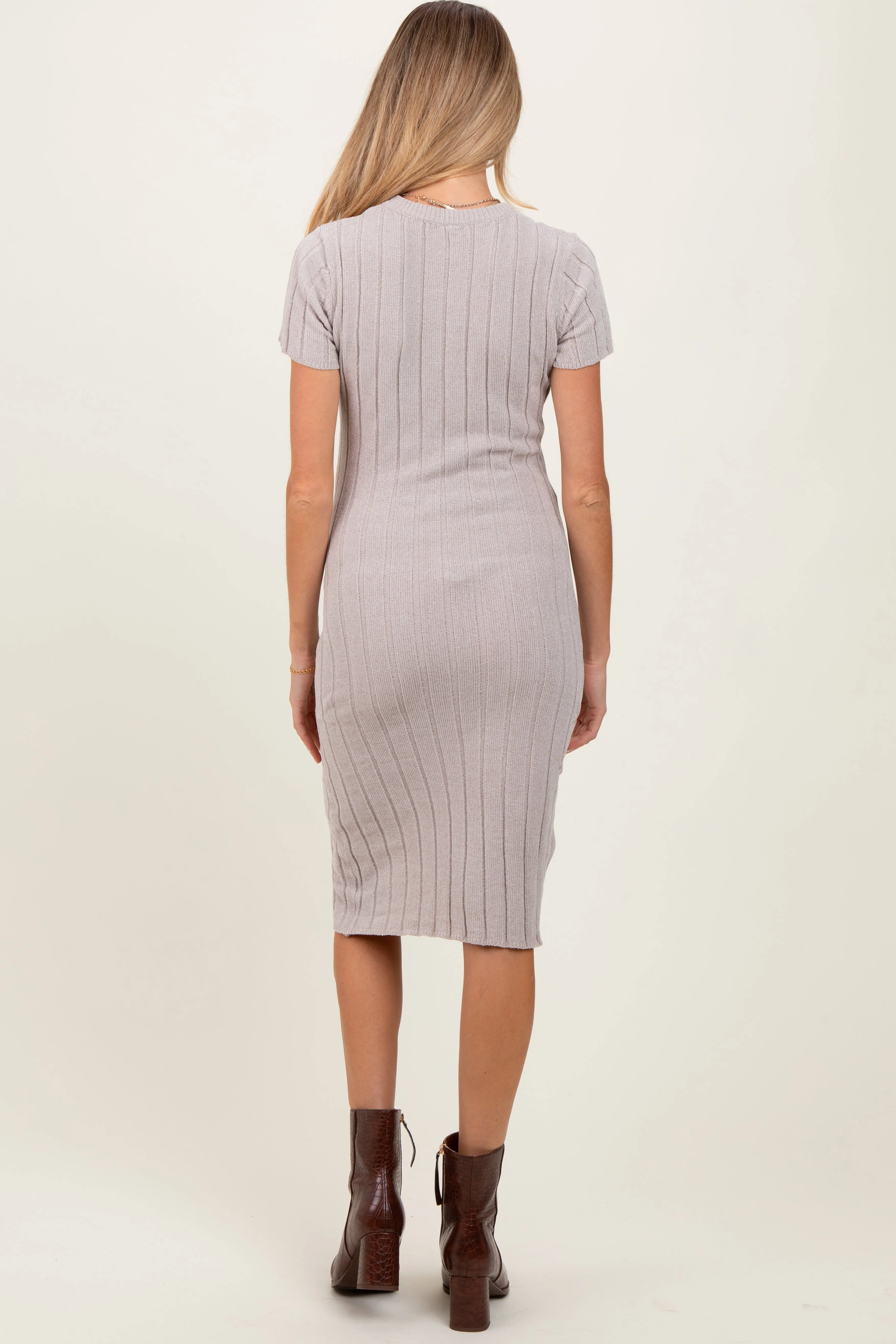 Beige Chenille Knit Short Sleeve Maternity Sweater Dress sold by Pinkblush product image thumbnail 3