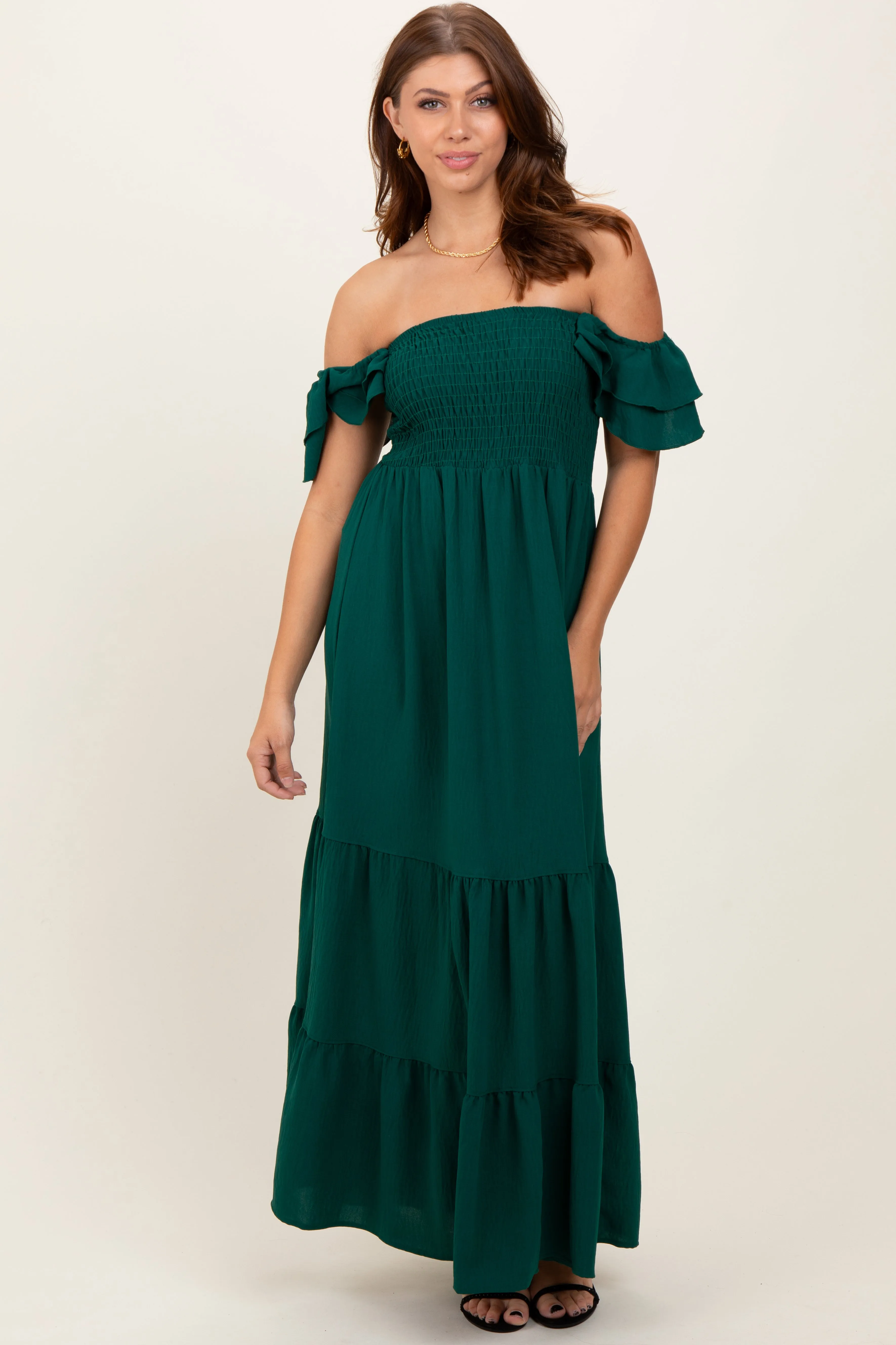Hunter Green Smocked Ruffle Off Shoulder Tiered Maxi Dress sold by Pinkblush product image thumbnail 2