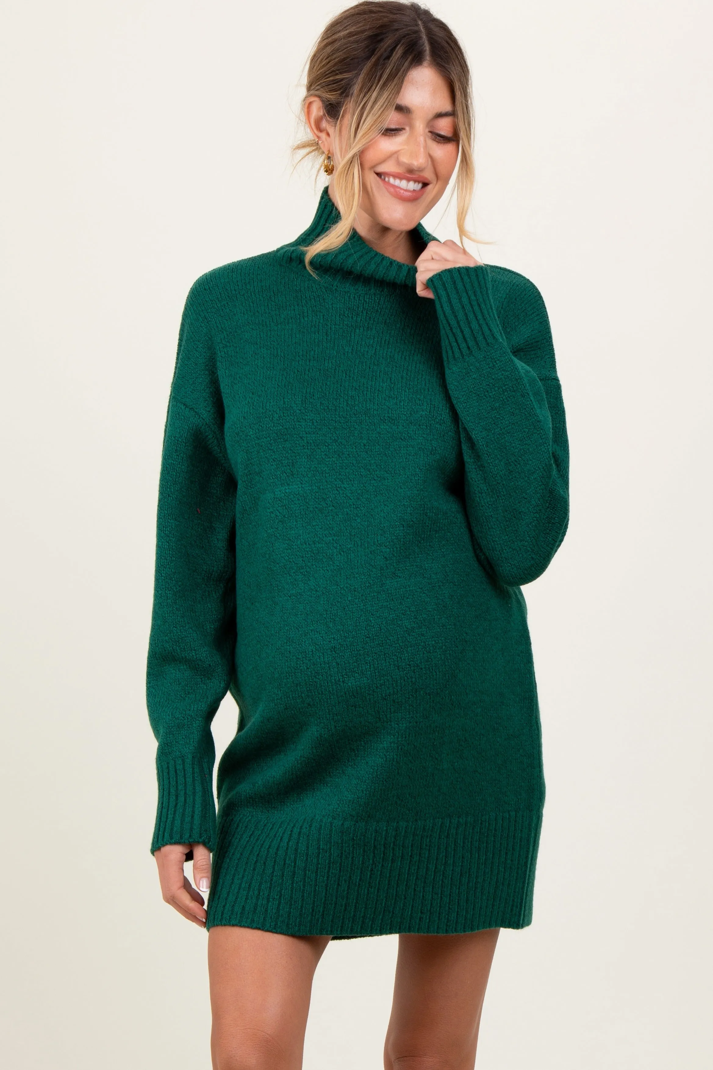 Forest Green Turtle Neck Maternity Mini Sweater Dress sold by Pinkblush