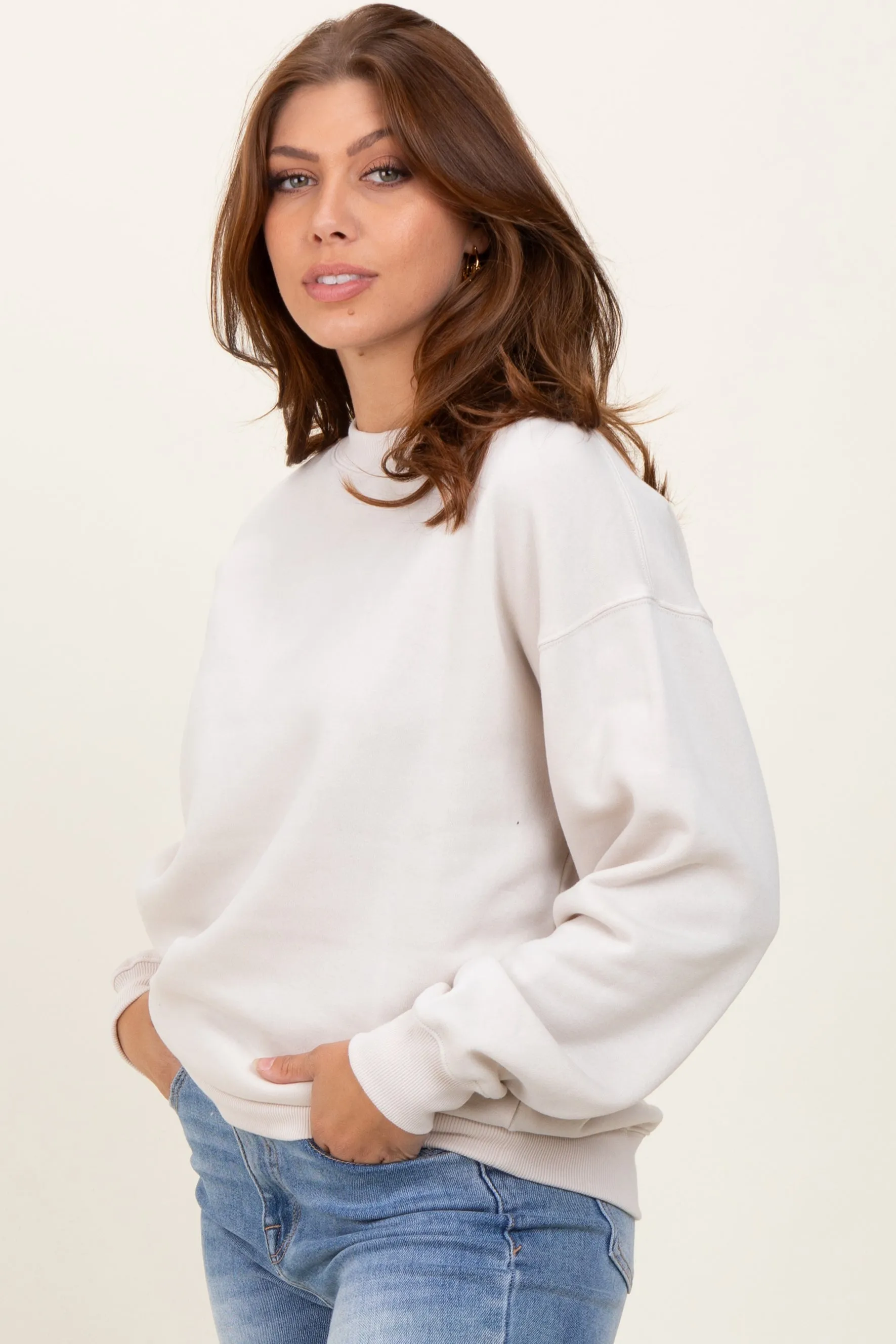 Cream Fleece Crew Neck Relaxed Fit Sweatshirt sold by Pinkblush product image thumbnail 3