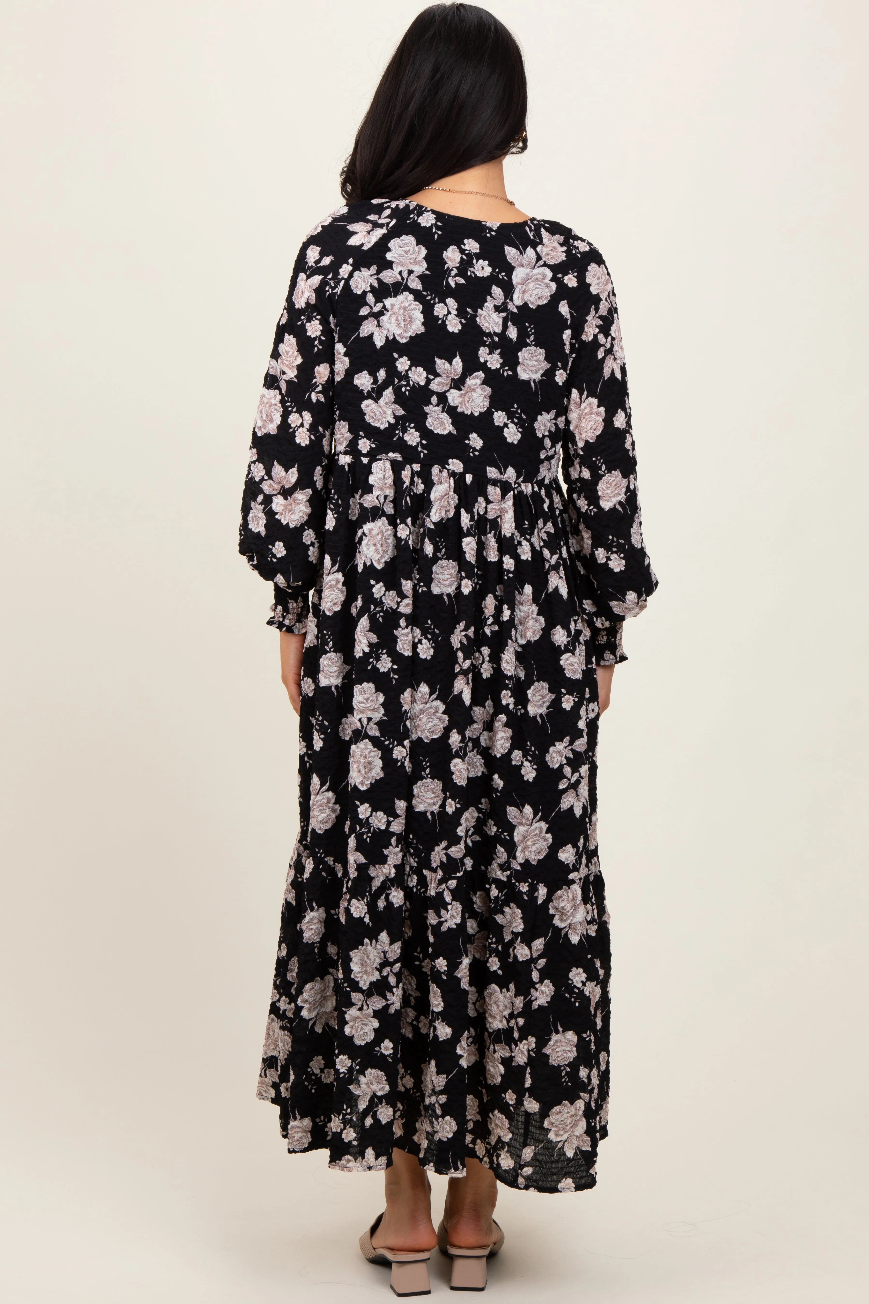Black Floral Textured Bubble Sleeve Maxi Dress sold by Pinkblush product image thumbnail 2