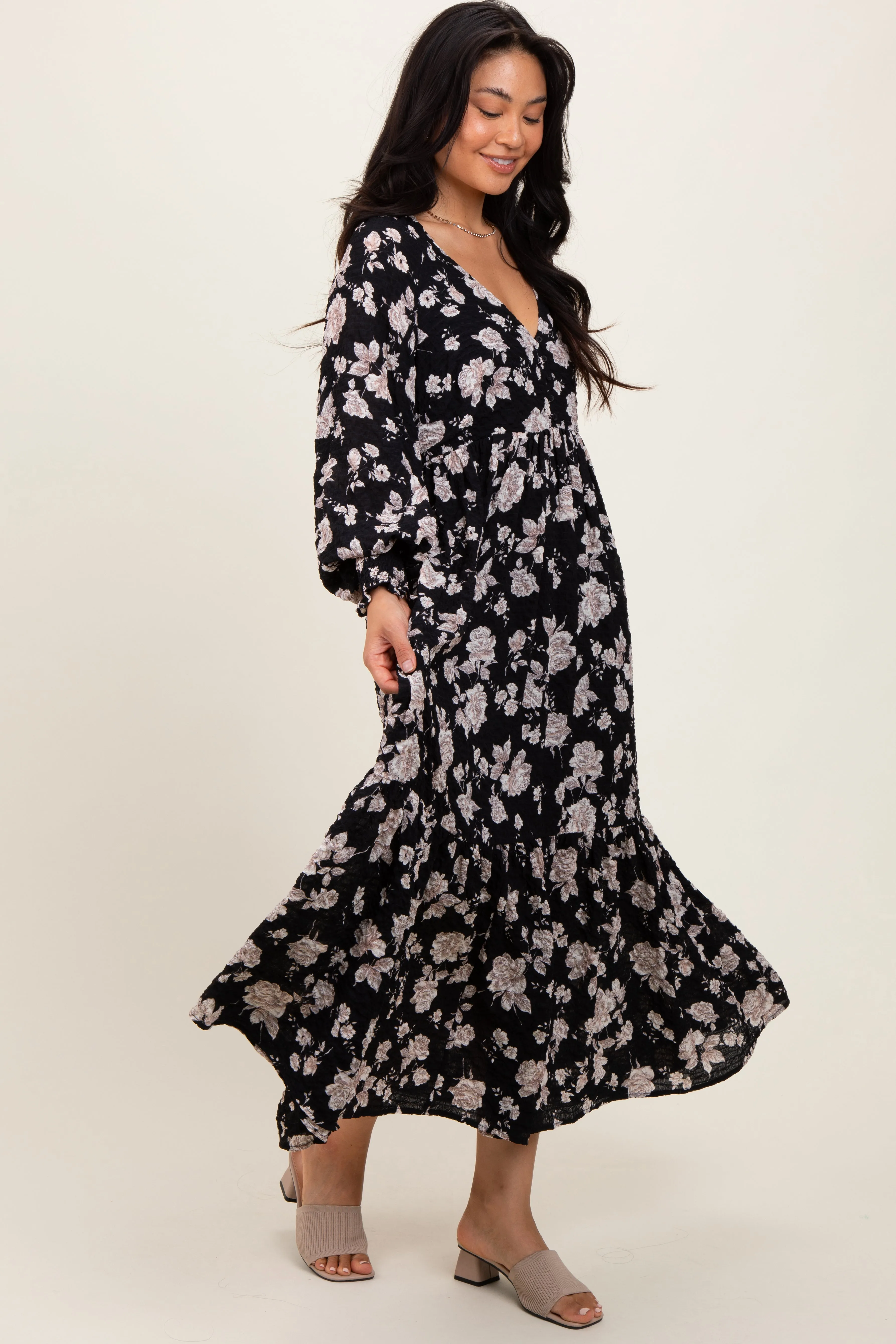 Black Floral Textured Bubble Sleeve Maxi Dress sold by Pinkblush
