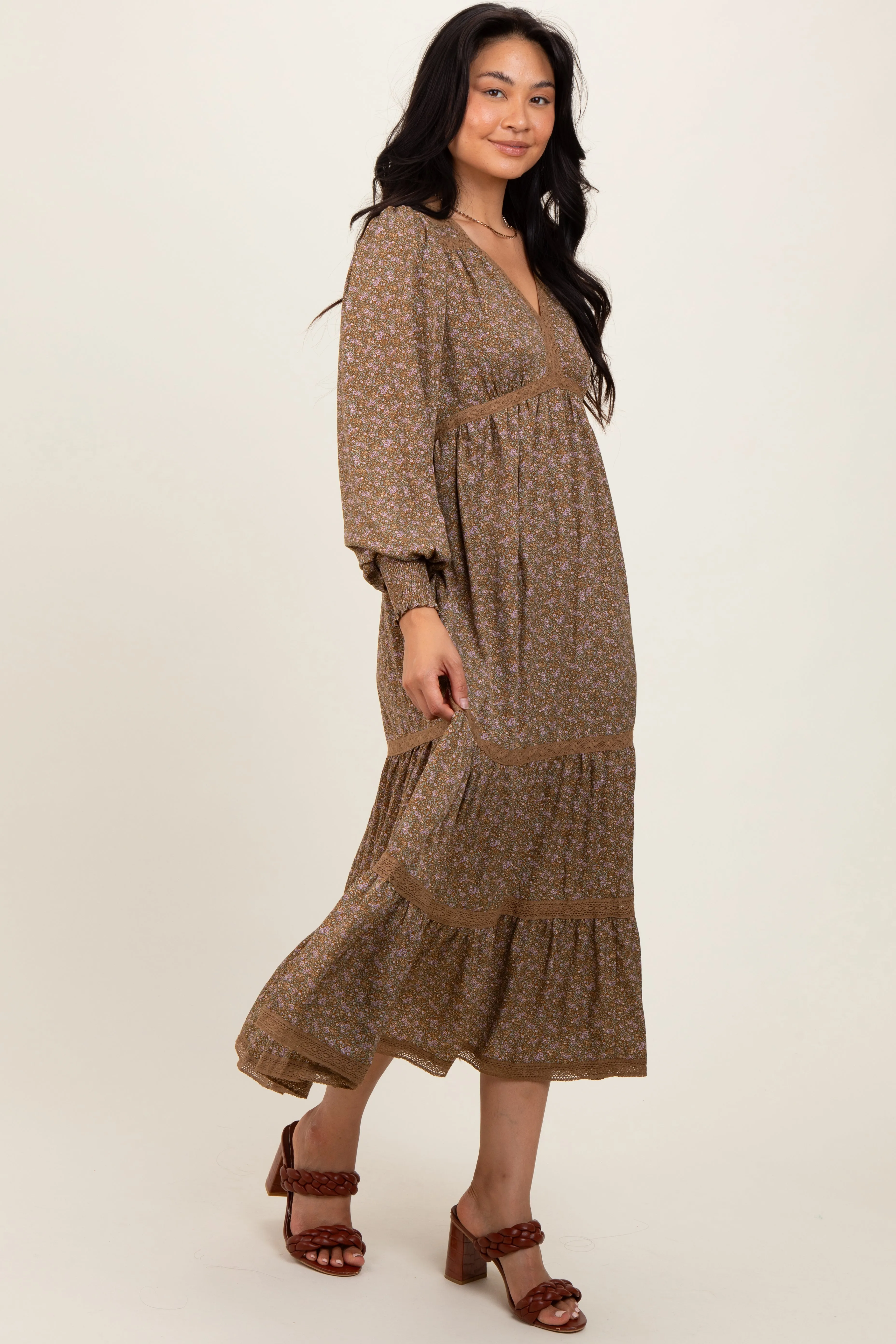 Mocha Floral Lace Trim Bubble Sleeve Maxi Dress sold by Pinkblush product image thumbnail 3