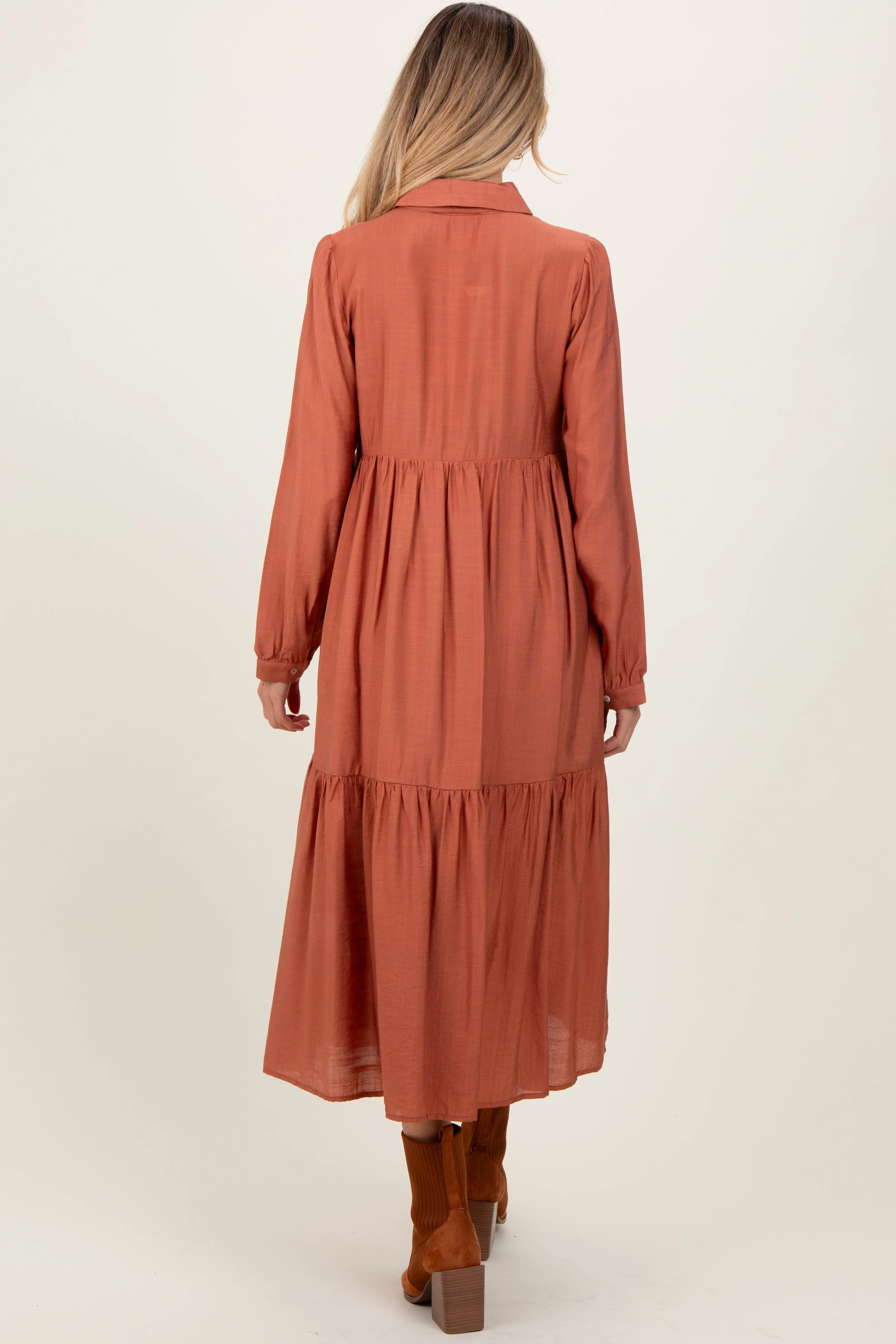 Rust Button Down Long Sleeve Maternity Midi Shirt Dress sold by Pinkblush product image thumbnail 4
