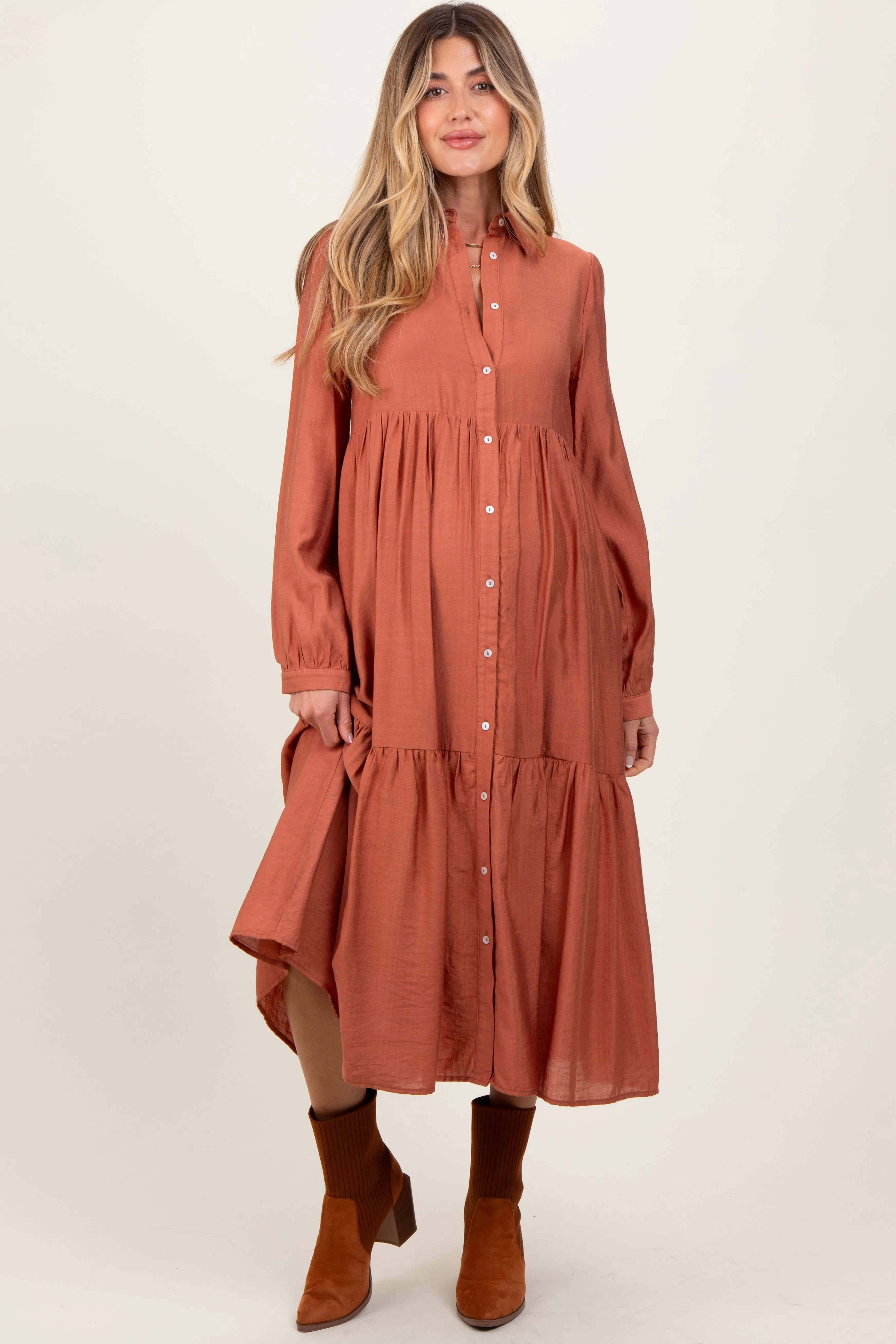 Rust Button Down Long Sleeve Maternity Midi Shirt Dress sold by Pinkblush