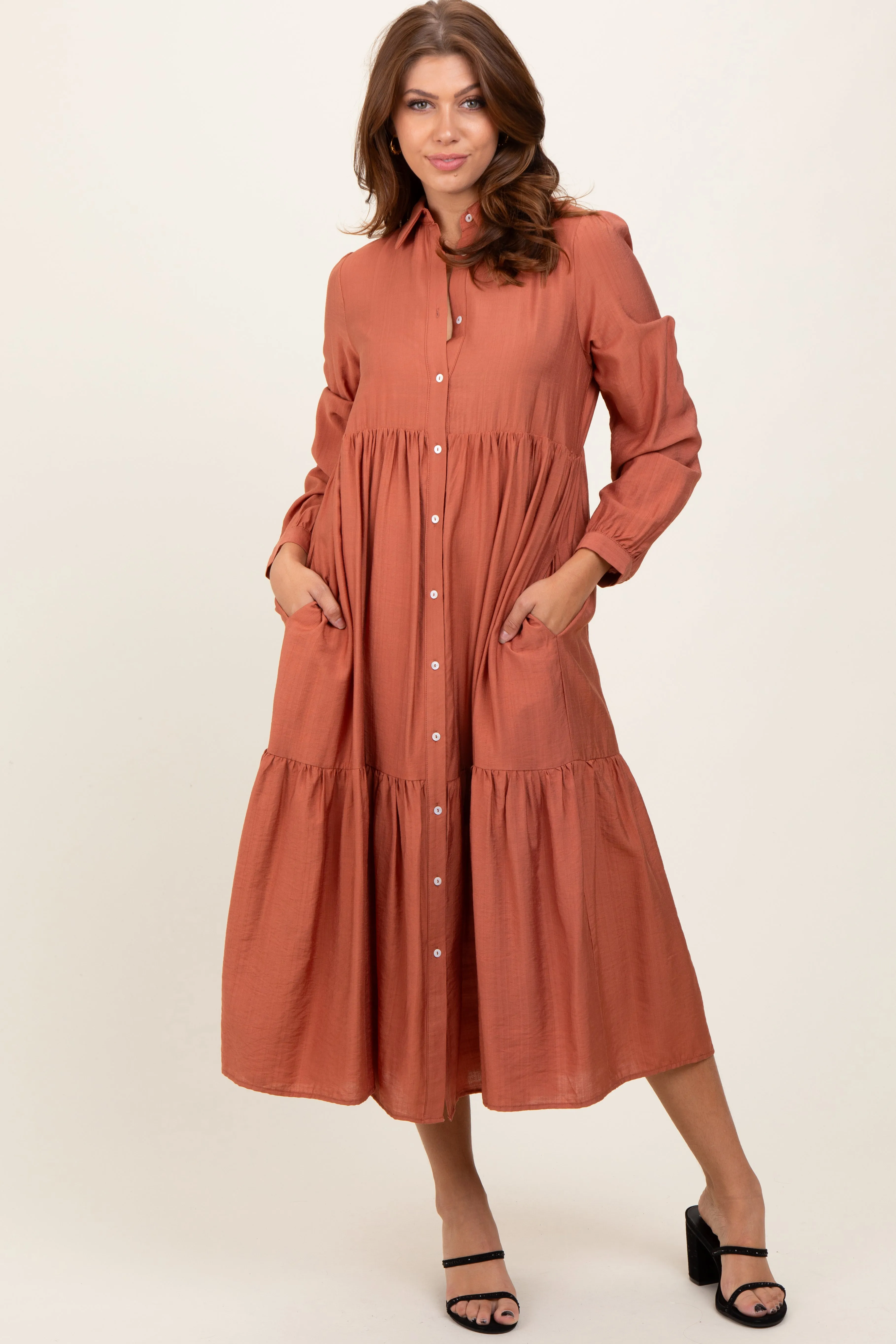 Rust Button Down Long Sleeve Maternity Midi Shirt Dress sold by Pinkblush product image thumbnail 5