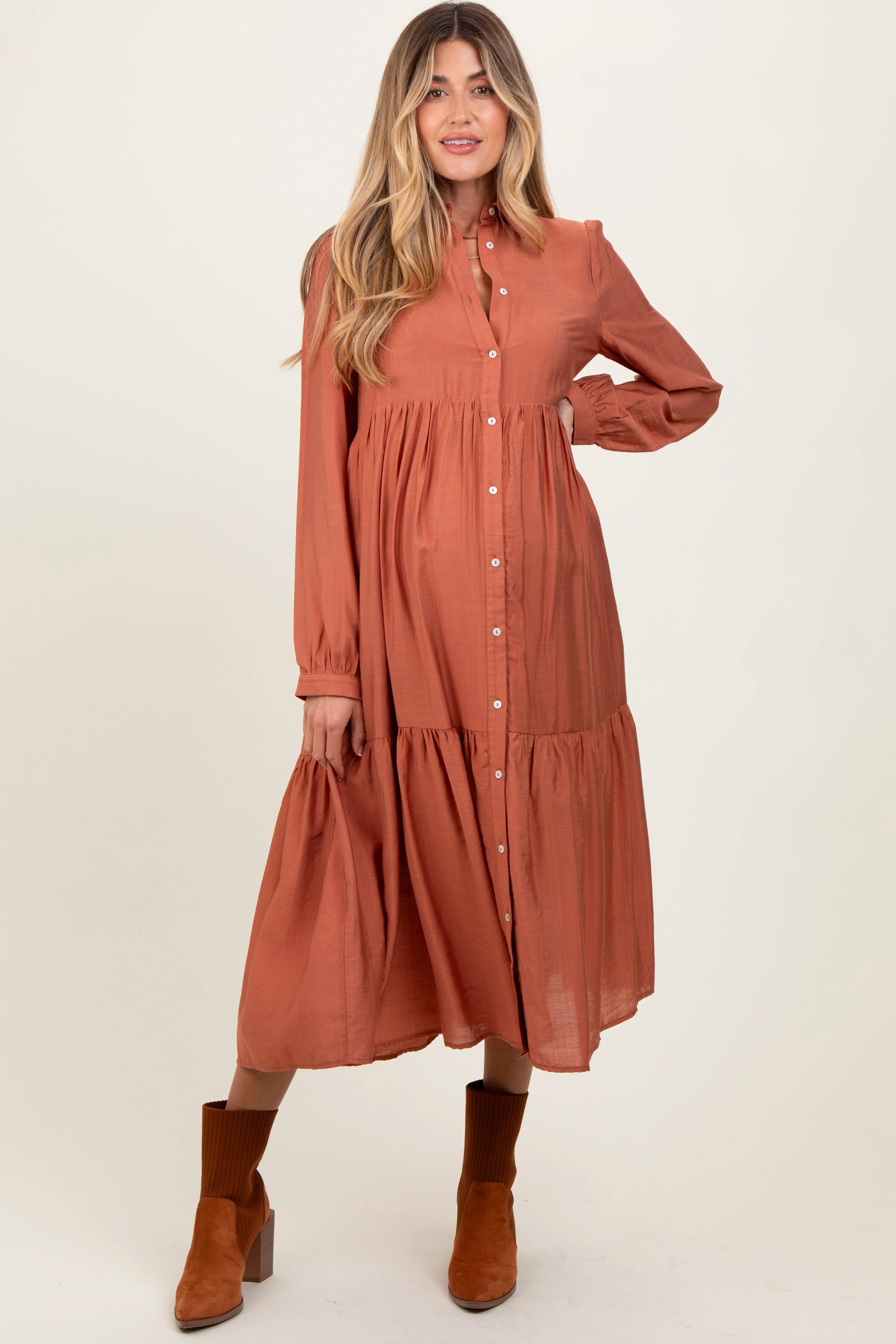 Rust Button Down Long Sleeve Maternity Midi Shirt Dress sold by Pinkblush product image thumbnail 2
