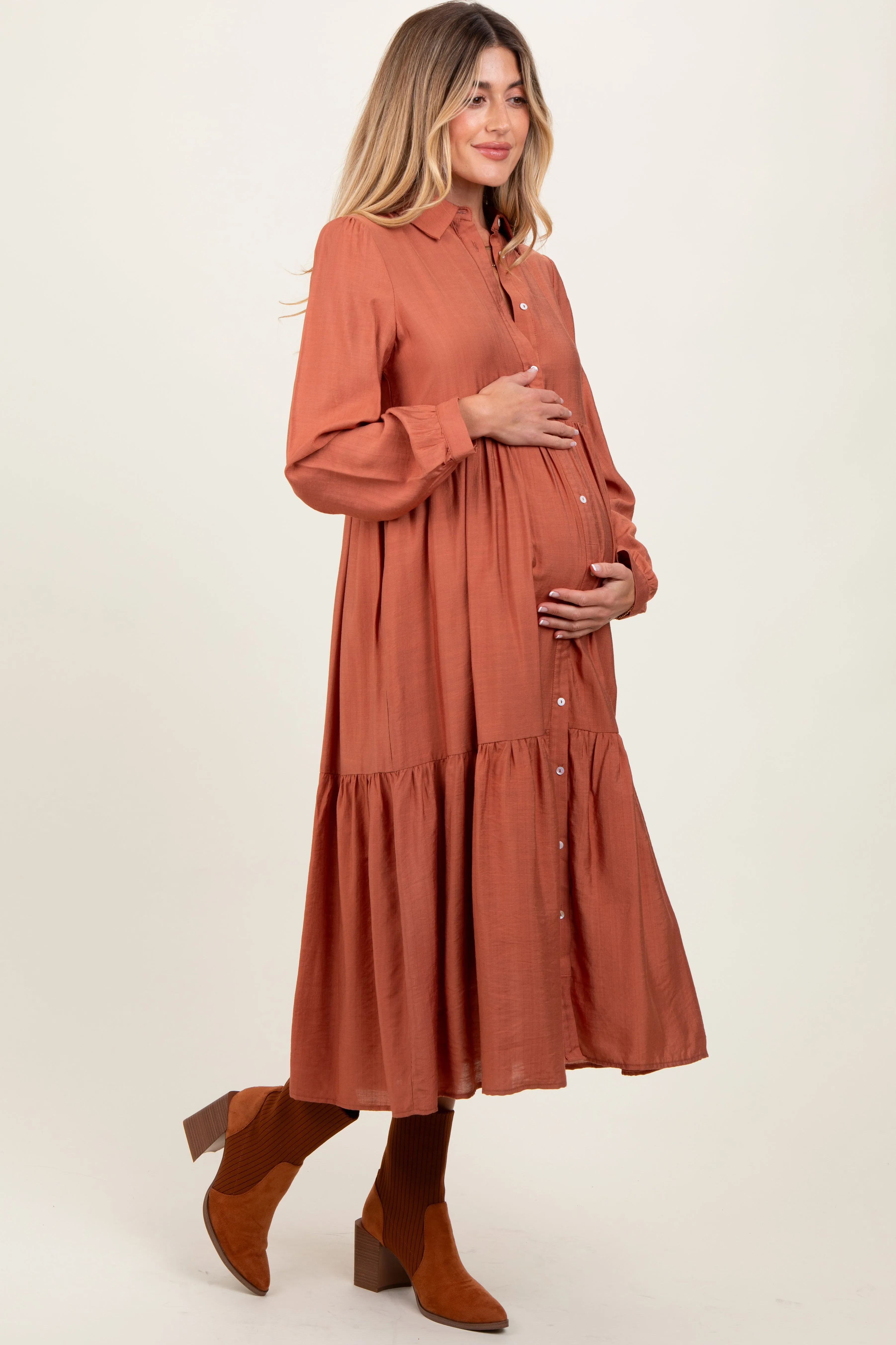 Rust Button Down Long Sleeve Maternity Midi Shirt Dress sold by Pinkblush product image thumbnail 3
