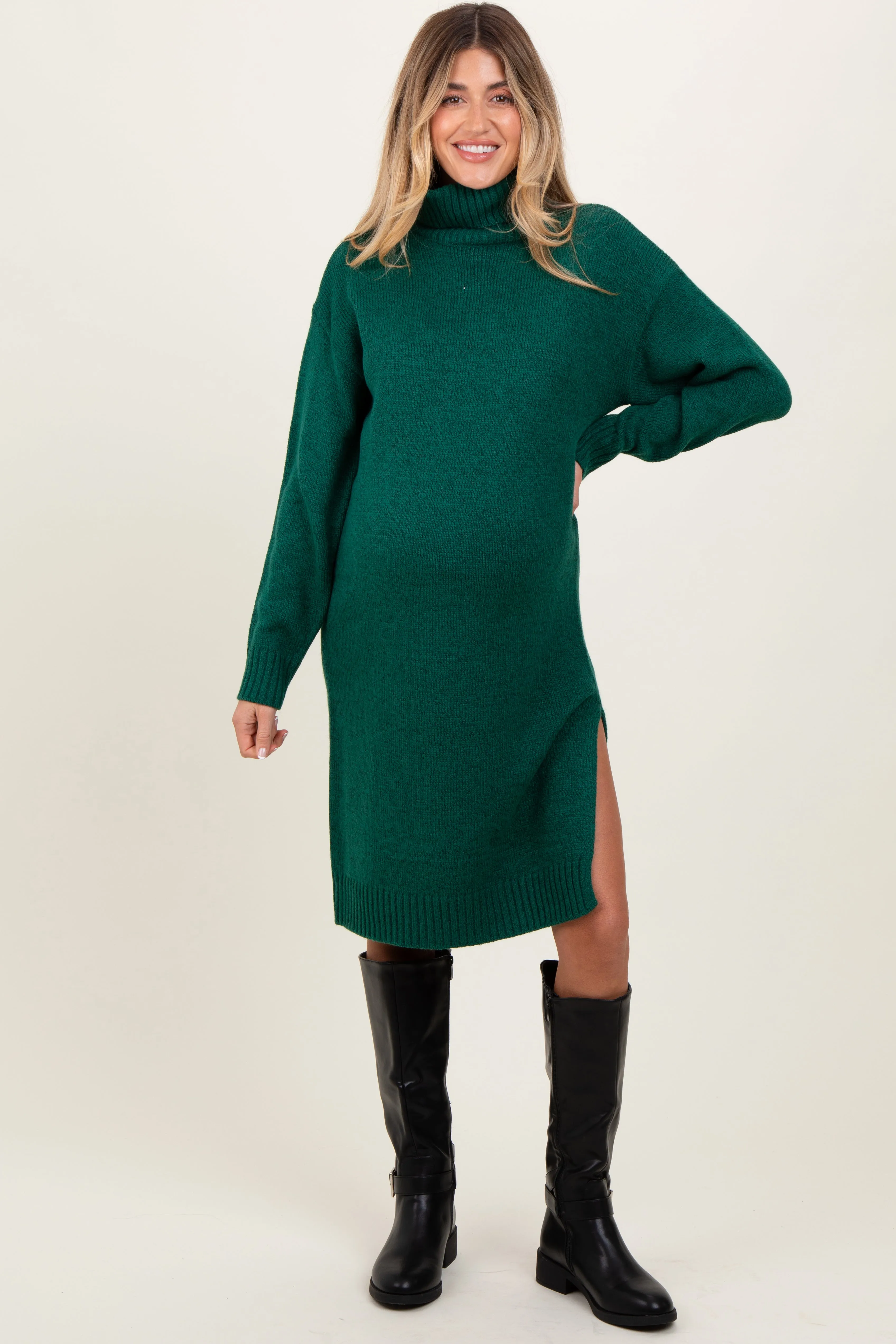 Forest Green Turtleneck Side Slit Maternity Midi Sweater Dress sold by Pinkblush product image thumbnail 2