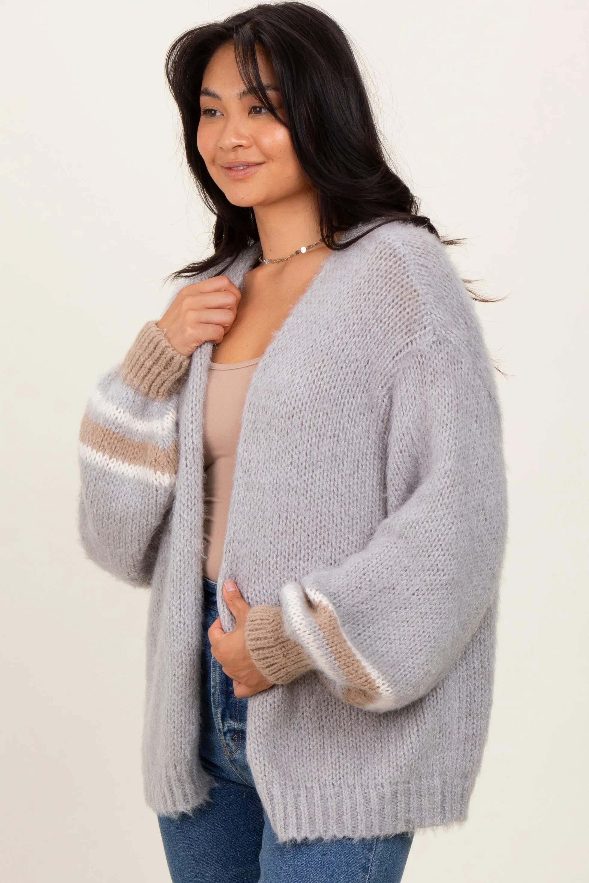 Light Grey Brushed Knit Striped Sleeve Cardigan sold by Pinkblush product image thumbnail 2