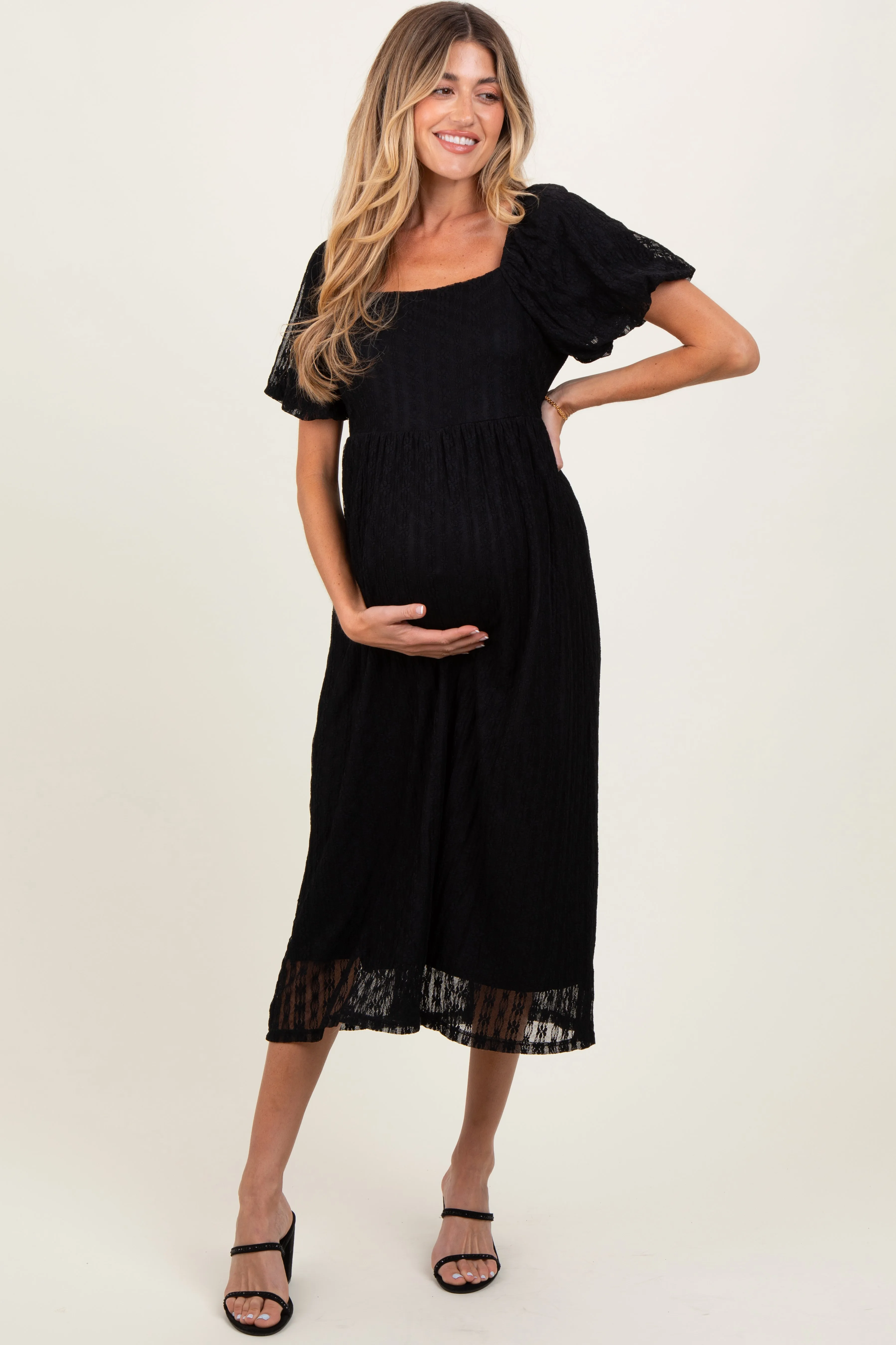 Black Lace Overlay Square Neck Maternity Midi Dress sold by Pinkblush product image thumbnail 2