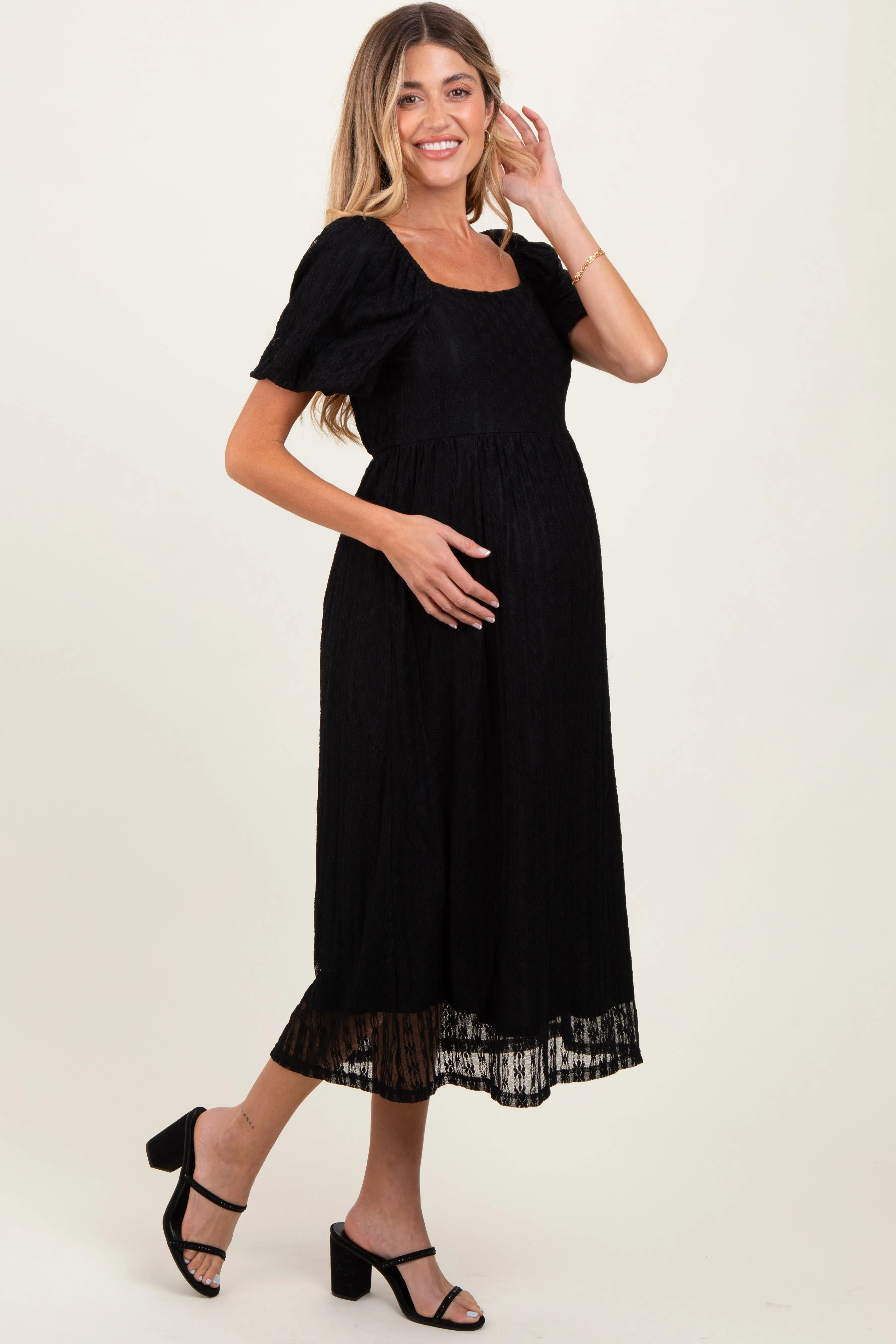Black Lace Overlay Square Neck Maternity Midi Dress sold by Pinkblush product image thumbnail 3