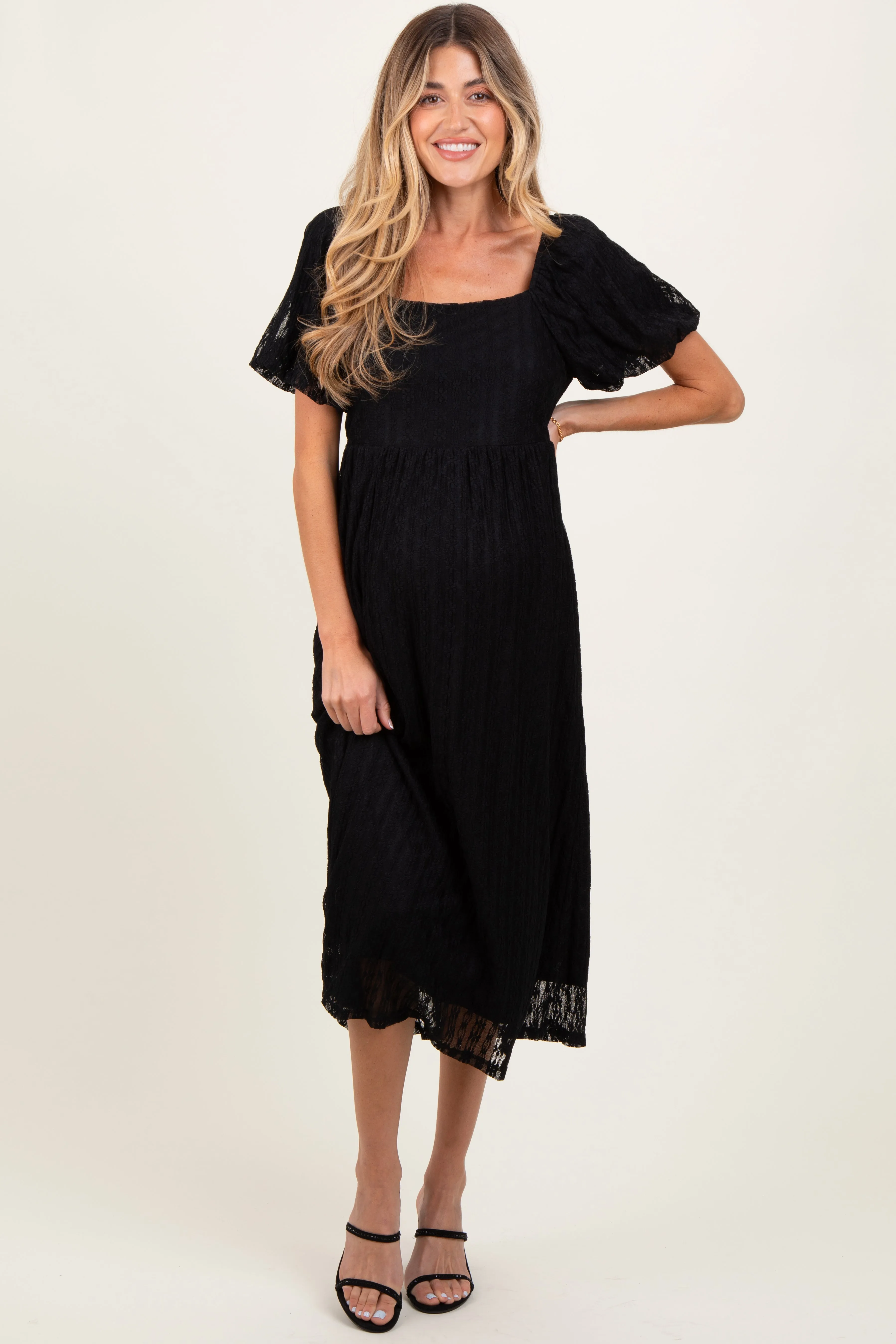 Black Lace Overlay Square Neck Maternity Midi Dress sold by Pinkblush
