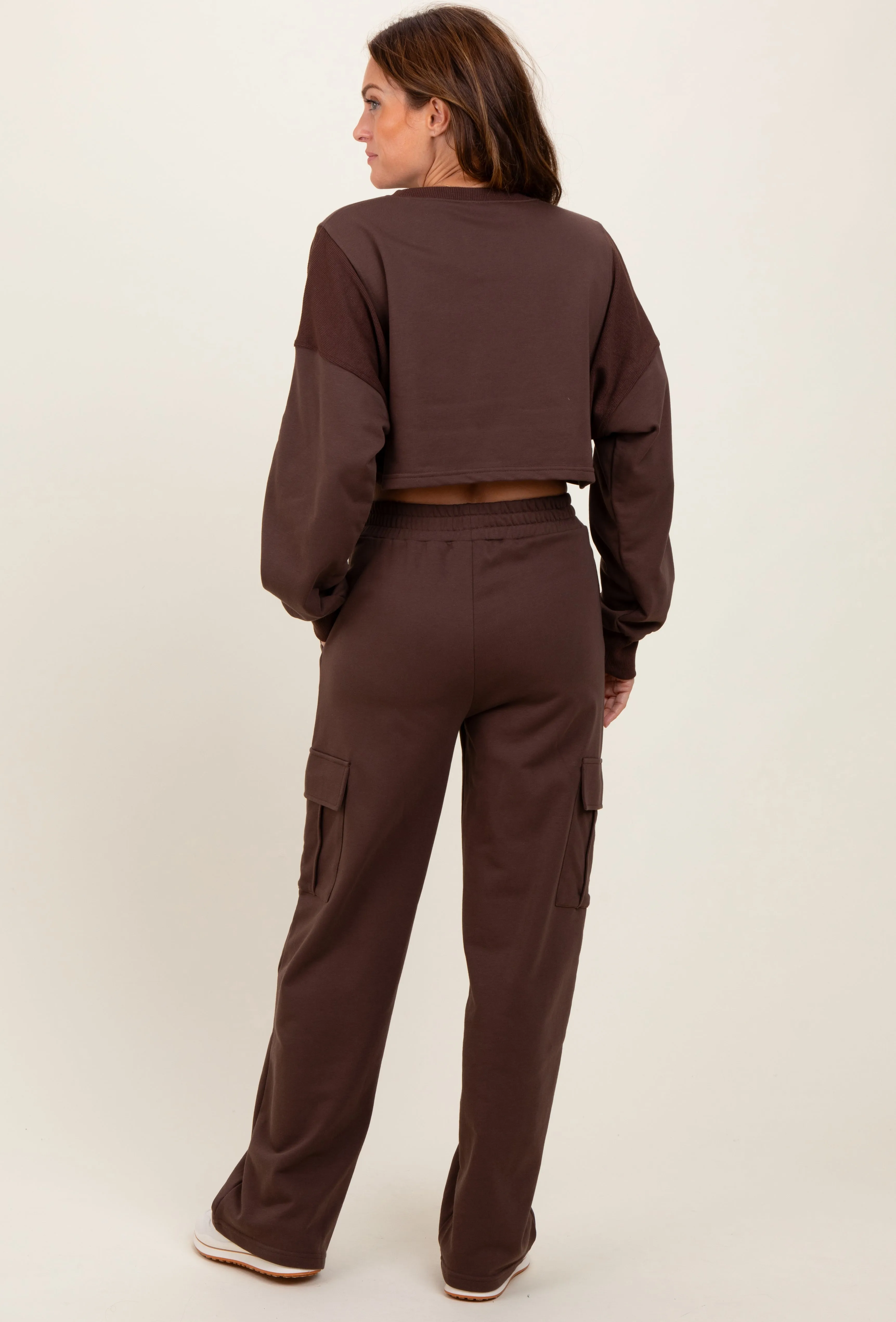Brown Oversized Crop Sweatshirt Cargo Sweatpant Set sold by Pinkblush product image thumbnail 3