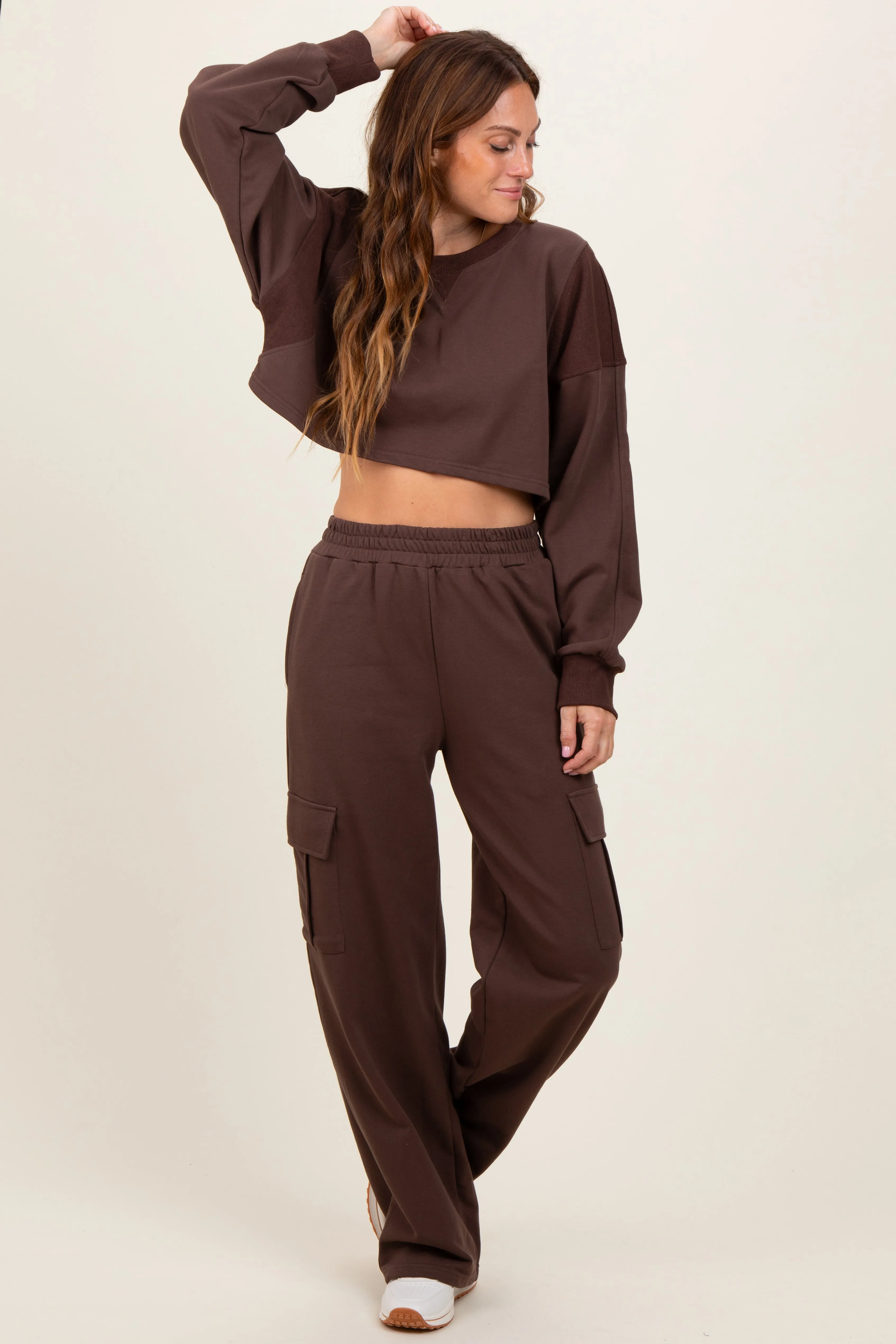 Brown Oversized Crop Sweatshirt Cargo Sweatpant Set sold by Pinkblush