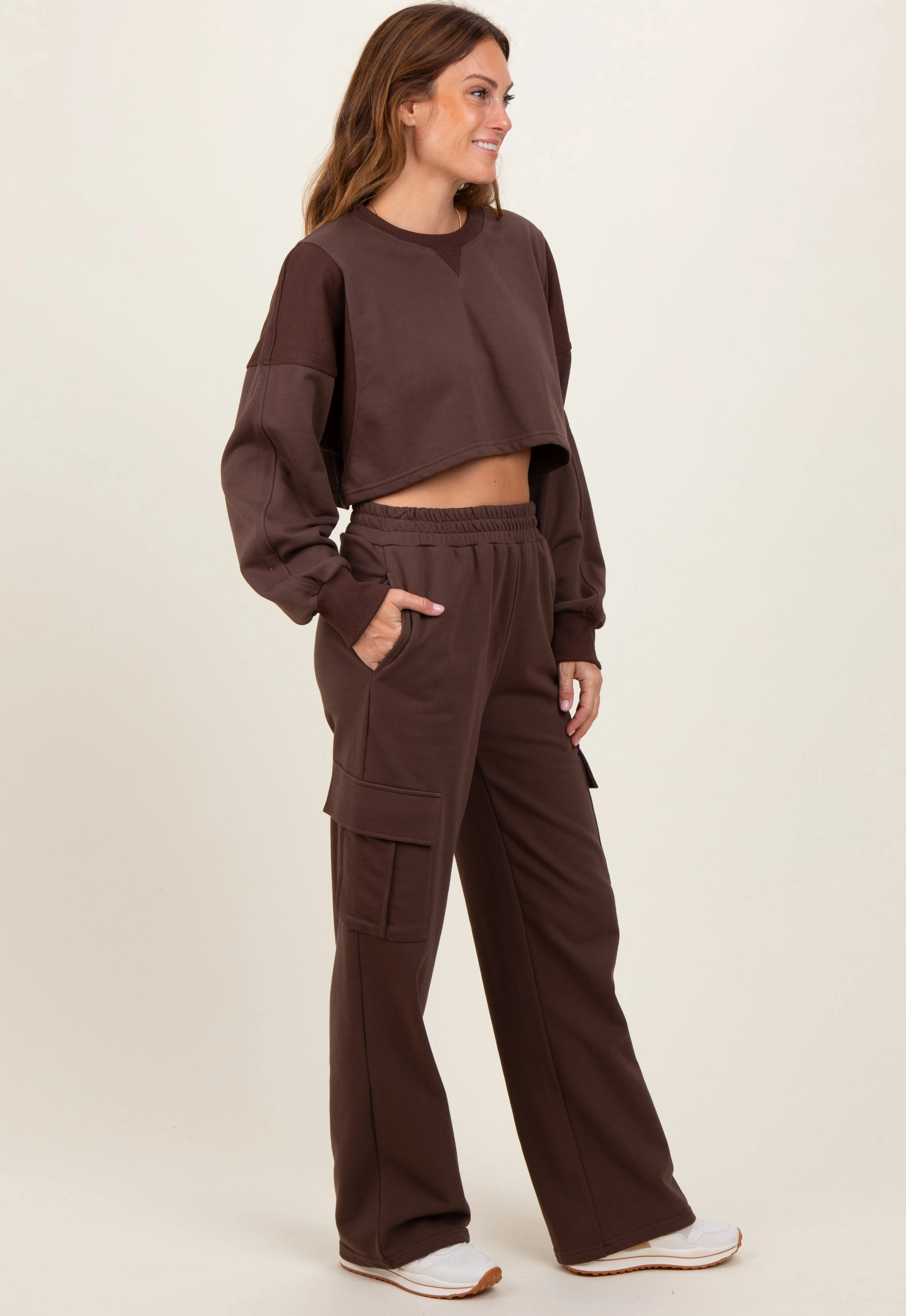 Brown Oversized Crop Sweatshirt Cargo Sweatpant Set sold by Pinkblush product image thumbnail 2